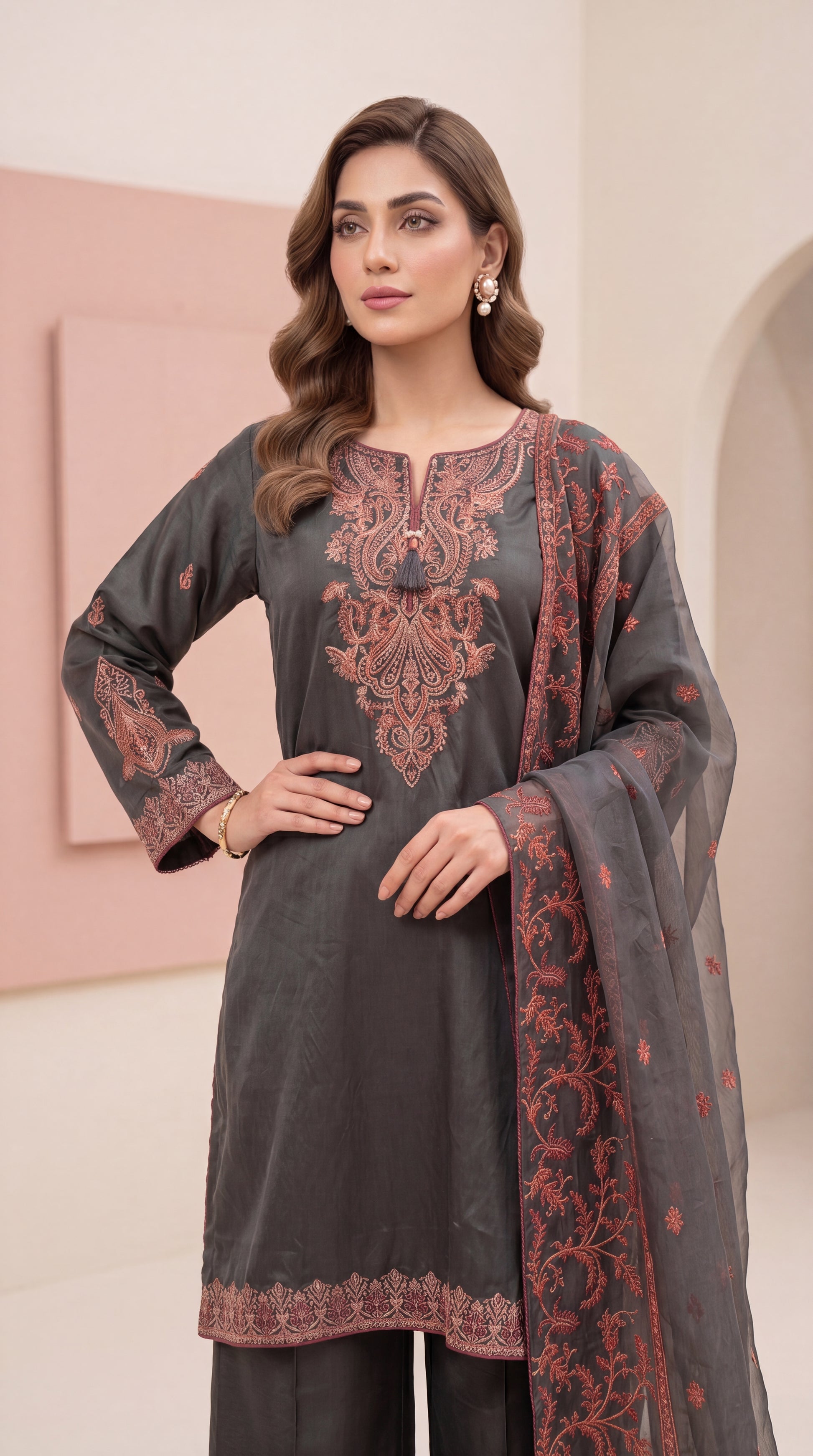 Cloud White Trending Eastern Wear & Thread Work Neckline 2 Piece Women Suit - PP00109 GREEN / LRG