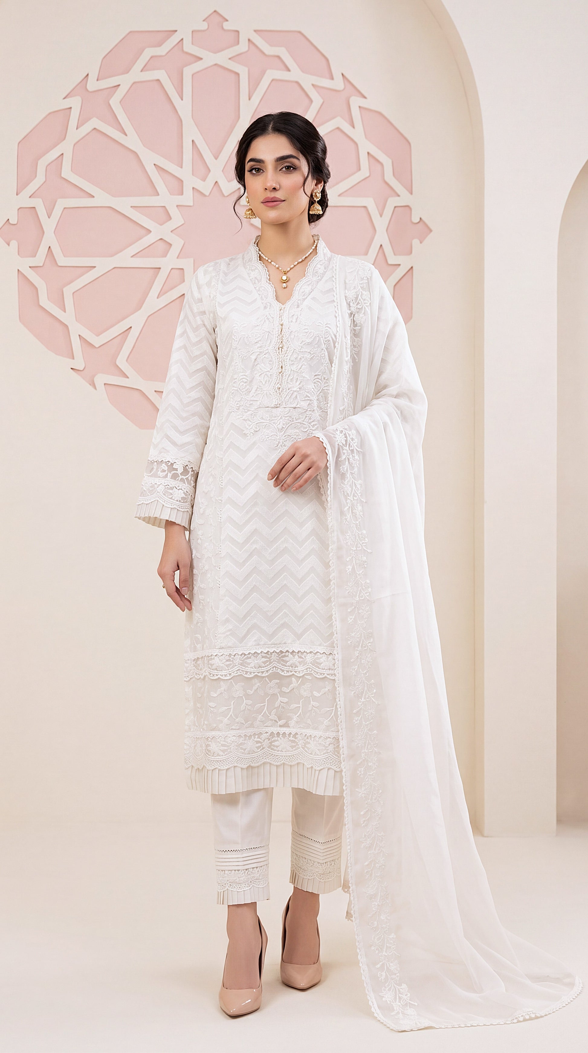 Floral Blue Eid Collection & Chikankari Work 3 Piece Women Suit - PP00113 WHITE / SML