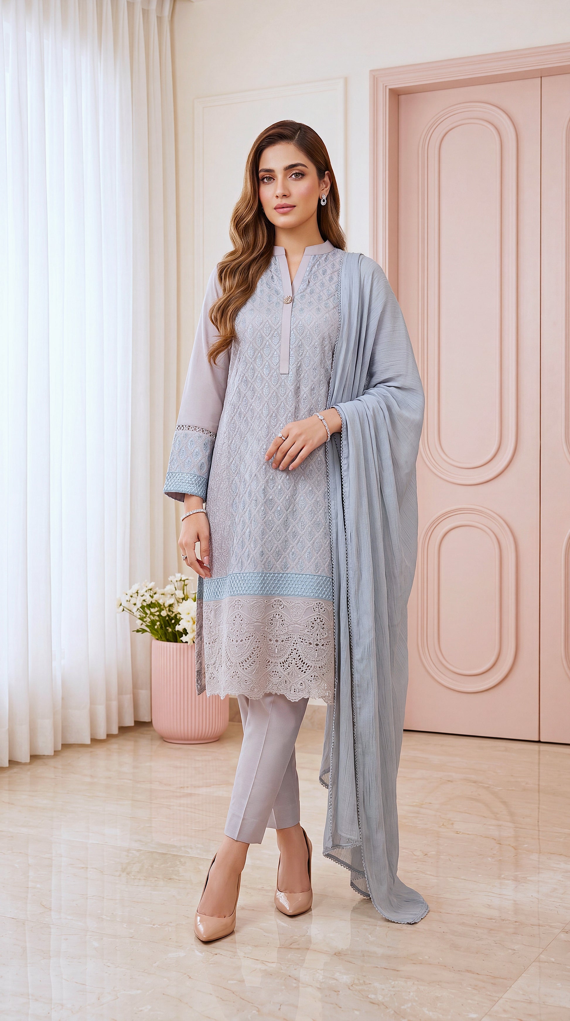 Women's Grey Blue Suit PP00118 | Diamond Embroidered Panel & Lace Hem | 3 Piece | Cotton Net BLUE / SML