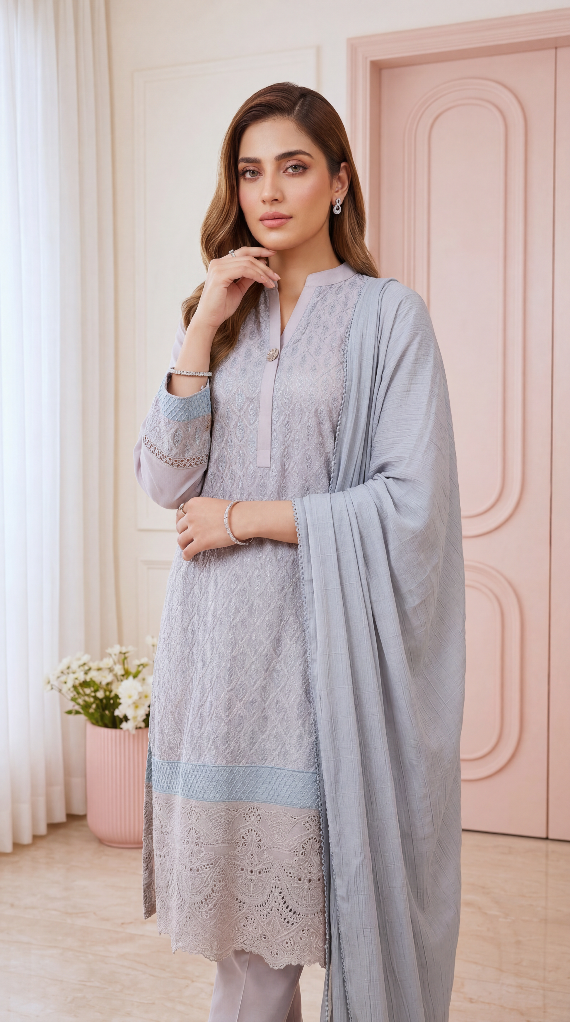 Women's Grey Blue Suit PP00118 | Diamond Embroidered Panel & Lace Hem | 3 Piece | Cotton Net BLUE / SML