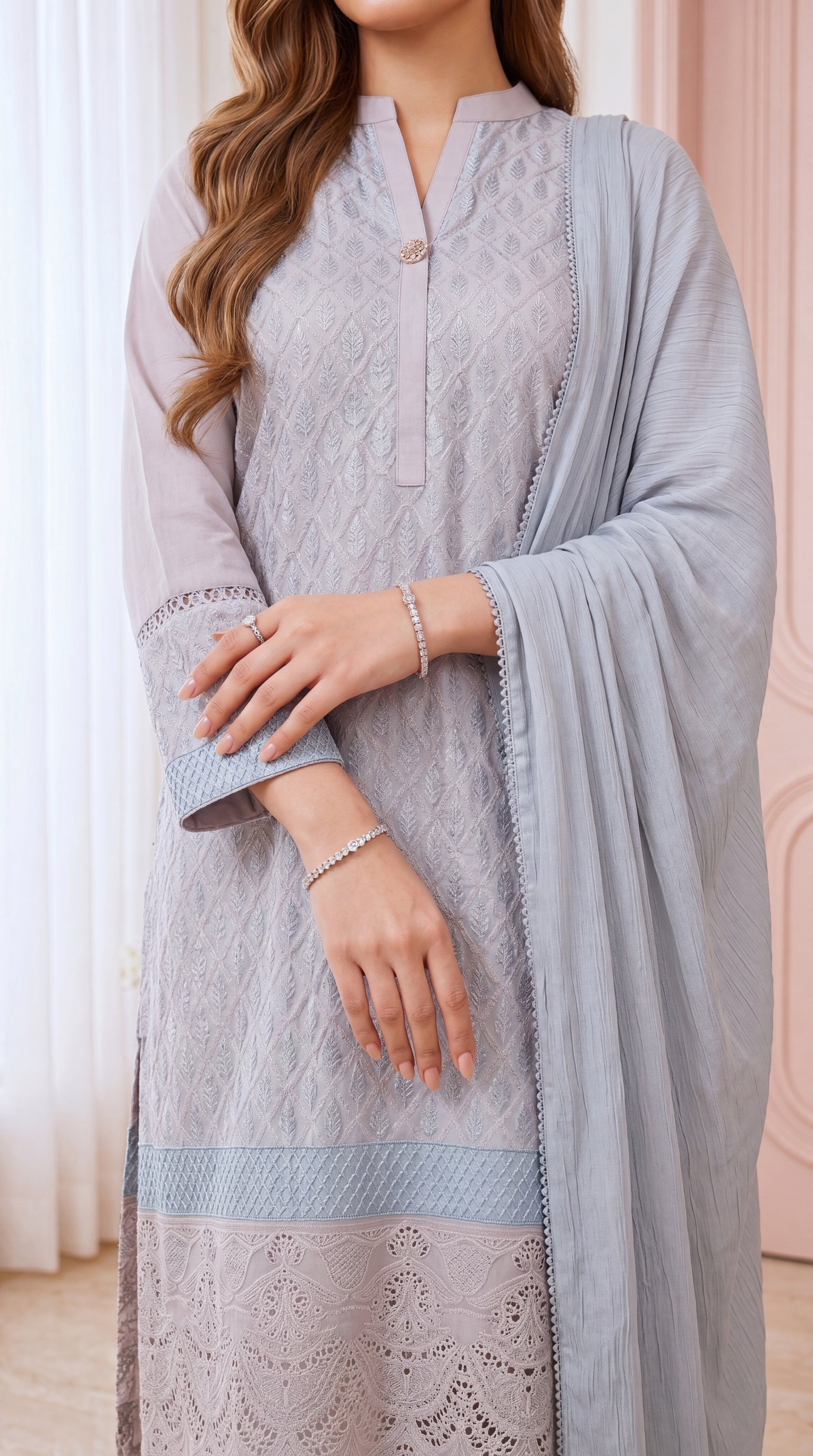 Women's Grey Blue Suit PP00118 | Diamond Embroidered Panel & Lace Hem | 3 Piece | Cotton Net BLUE / SML
