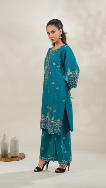2-Piece Embroidered Stitched Suit  Teal Grace - PP00163