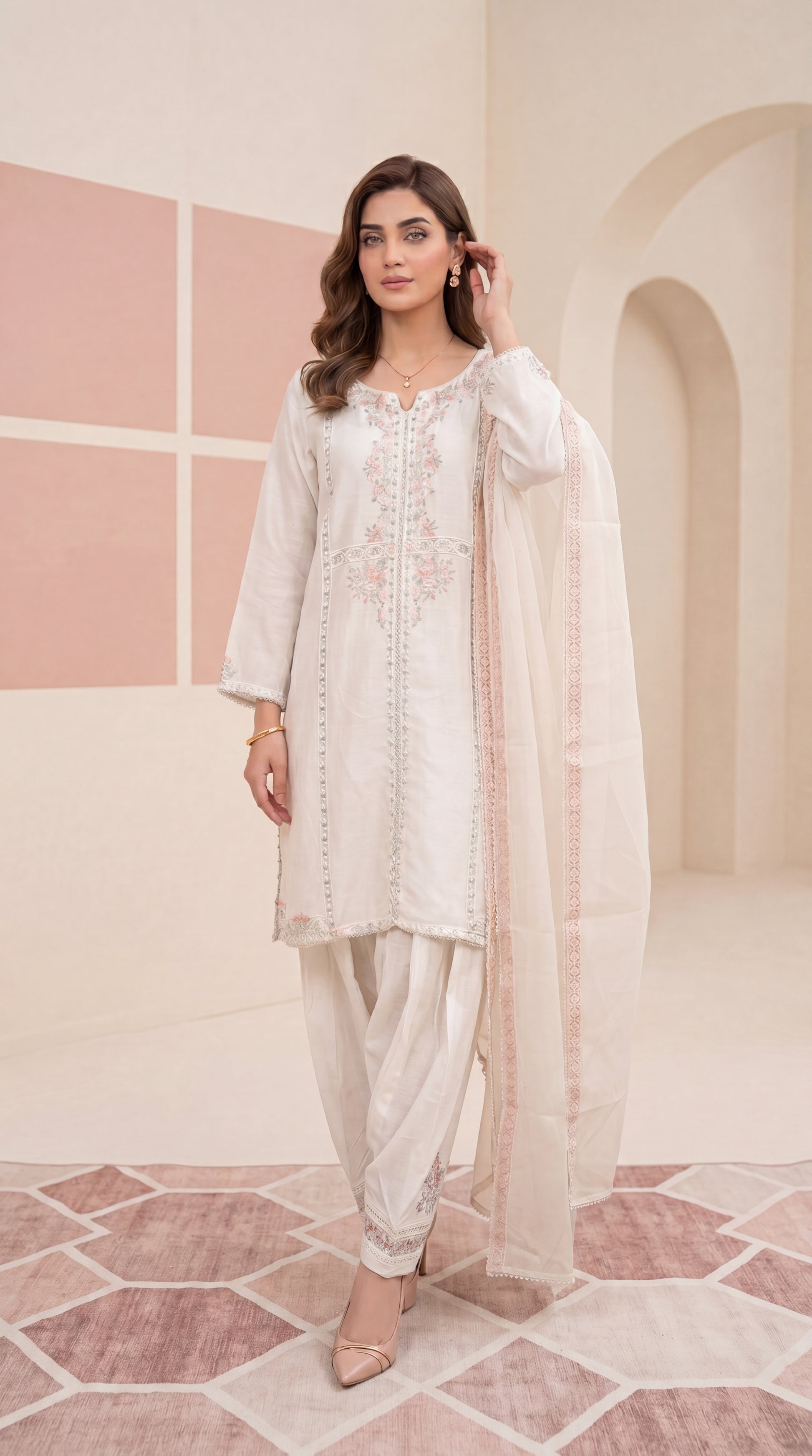 Teal Floral Party Wear Suit & Sequin Touch 2 Piece Women Suit - PP00200 WHITE / SML