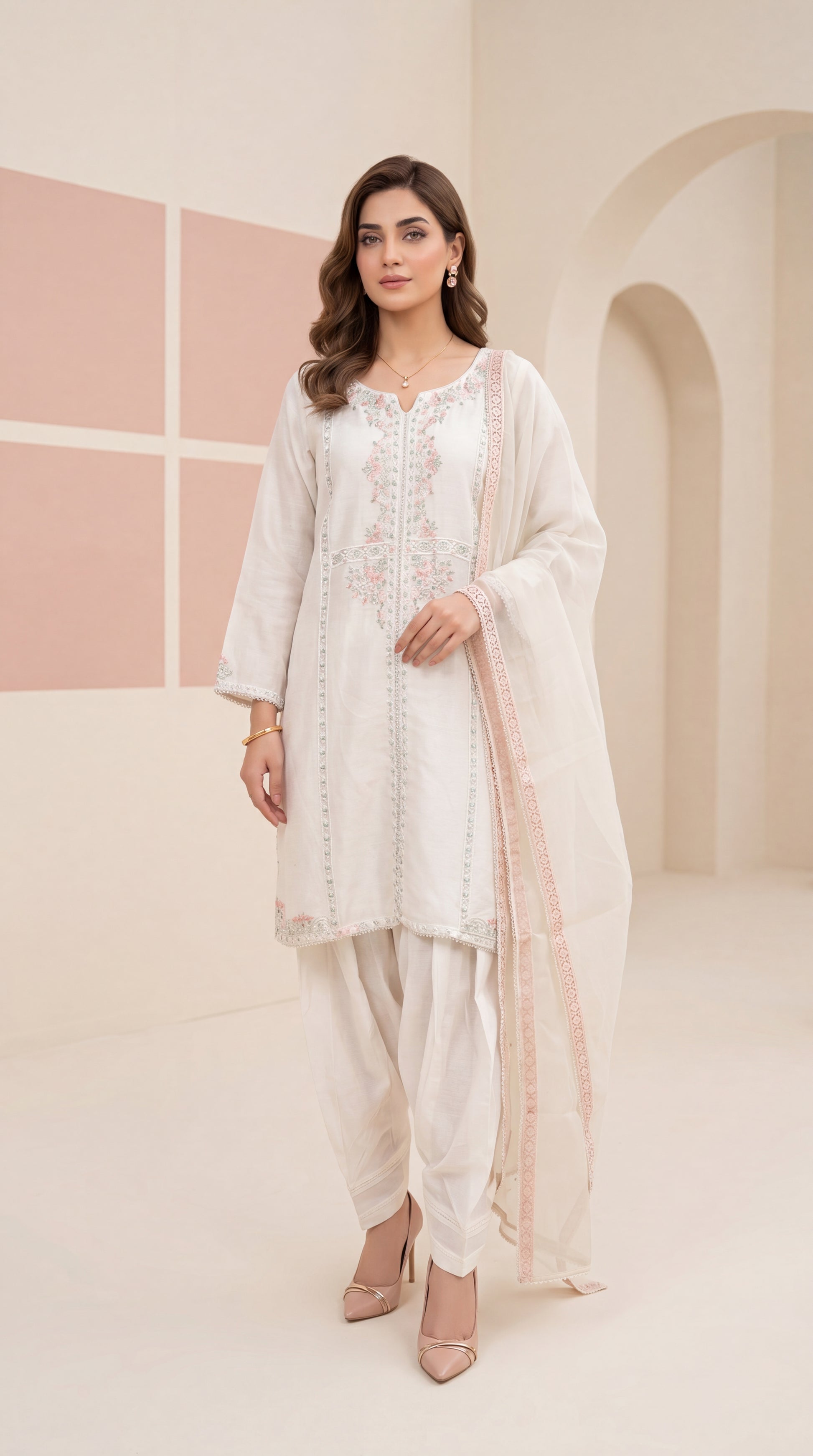 Teal Floral Party Wear Suit & Sequin Touch 2 Piece Women Suit - PP00200 WHITE / SML