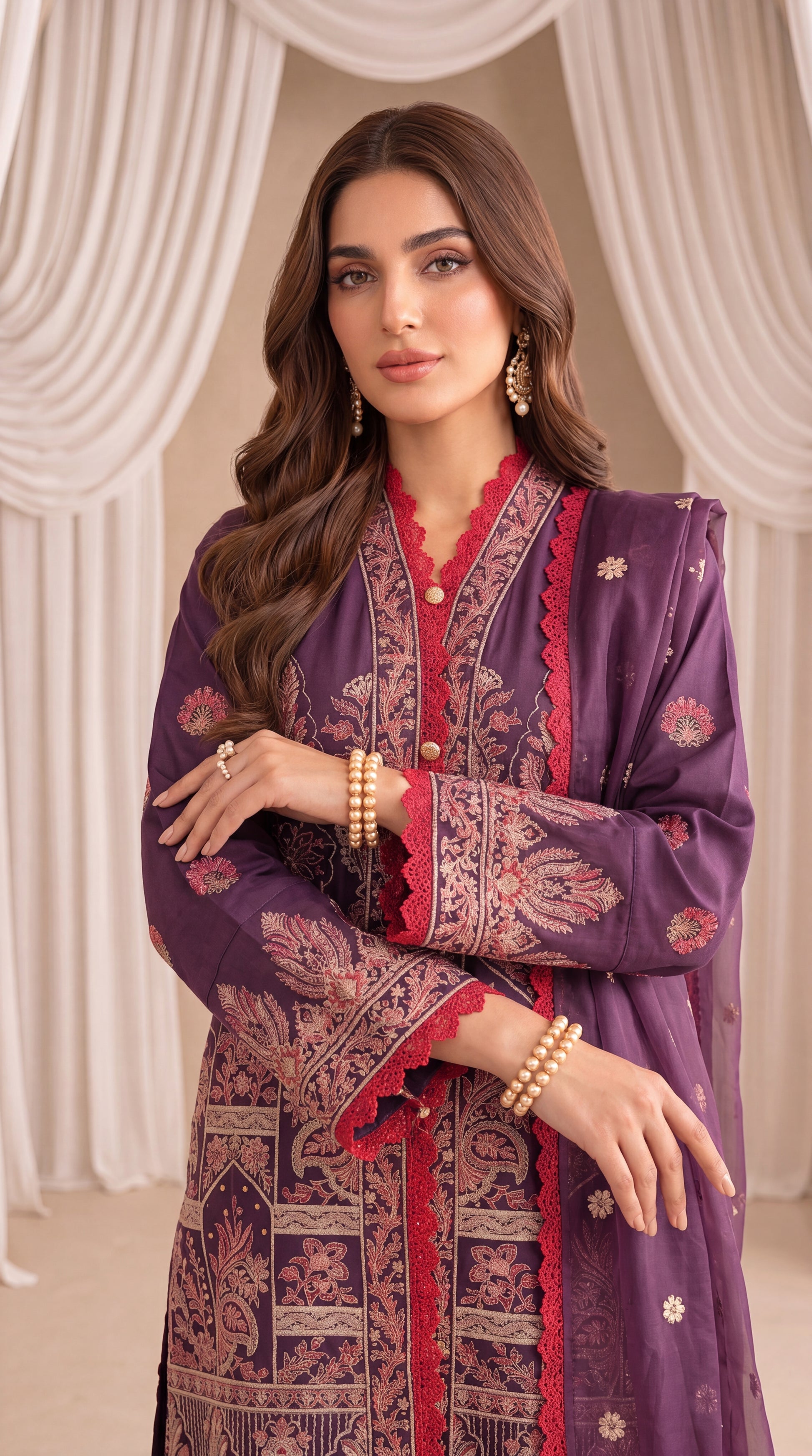 Women's Purple Luxury Suit PP00242 | Red Trim, Heavy Embroidery & Net Dupatta | 3 Piece | Silk Net PURPLE / SML