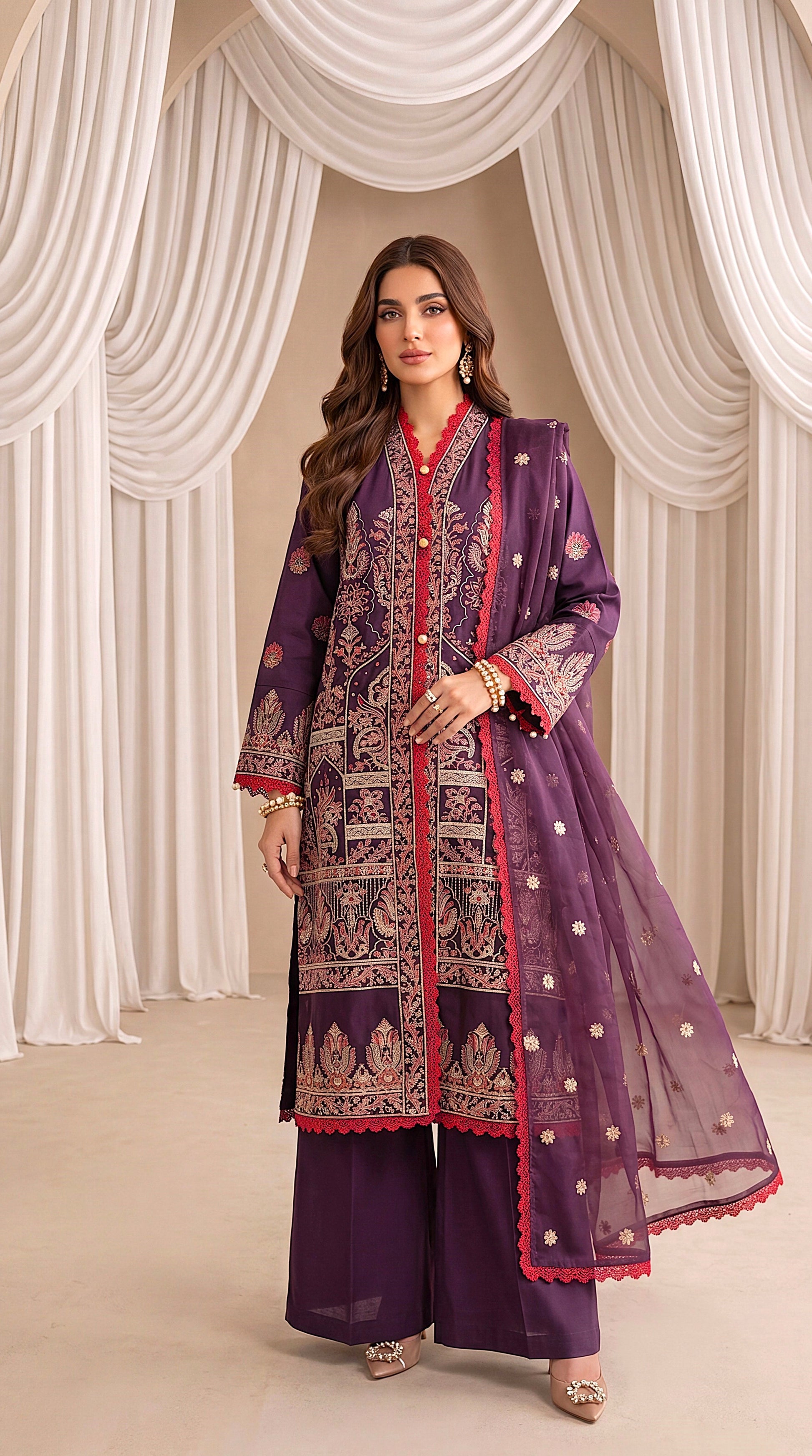 Women's Purple Luxury Suit PP00242 | Red Trim, Heavy Embroidery & Net Dupatta | 3 Piece | Silk Net PURPLE / SML