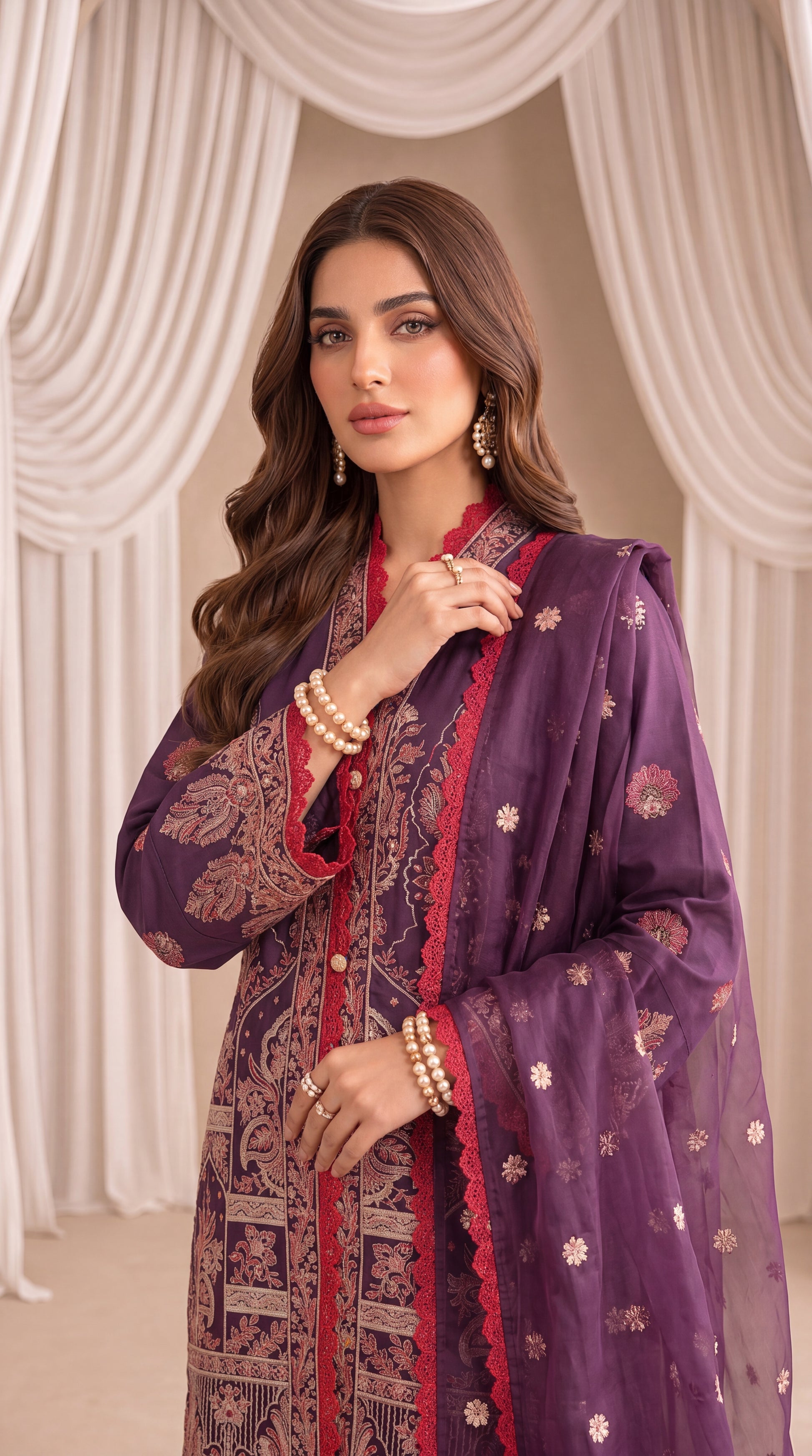 Women's Purple Luxury Suit PP00242 | Red Trim, Heavy Embroidery & Net Dupatta | 3 Piece | Silk Net PURPLE / SML