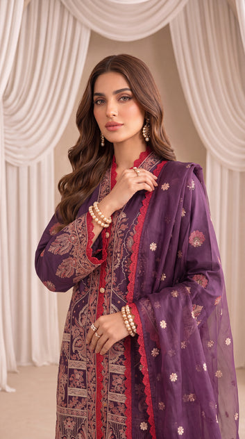 Women's Purple Luxury Suit PP00242 | Red Trim, Heavy Embroidery & Net Dupatta | 3 Piece | Silk Net PURPLE / SML