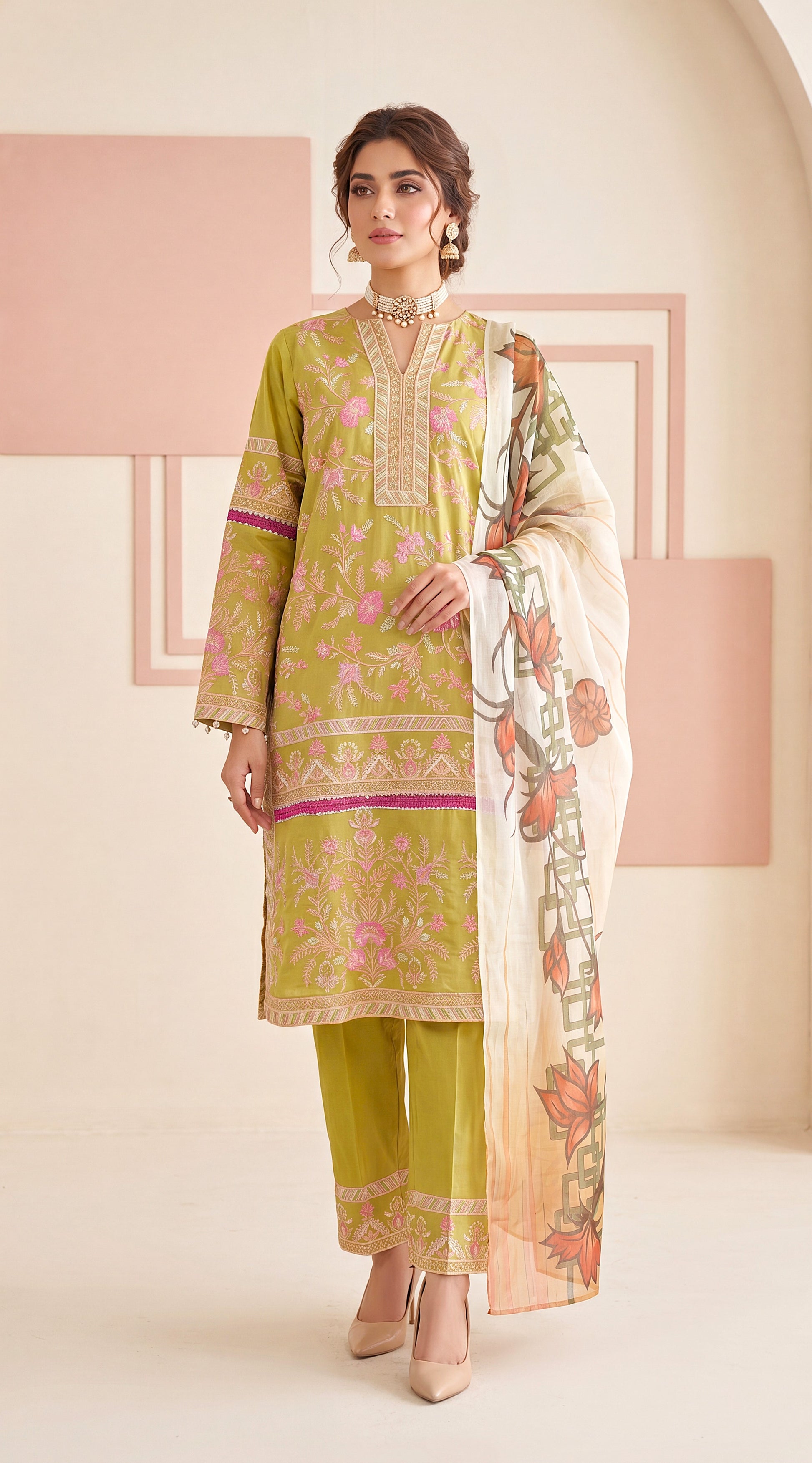 Dark Grey Casual Chic Outfit & Emb Trouser 3 Piece Women Suit - PP00244 PEACH / SML