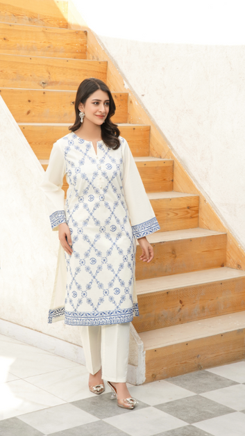 2-Piece Embroidered Stitched Suit Blue Classic - PP00246