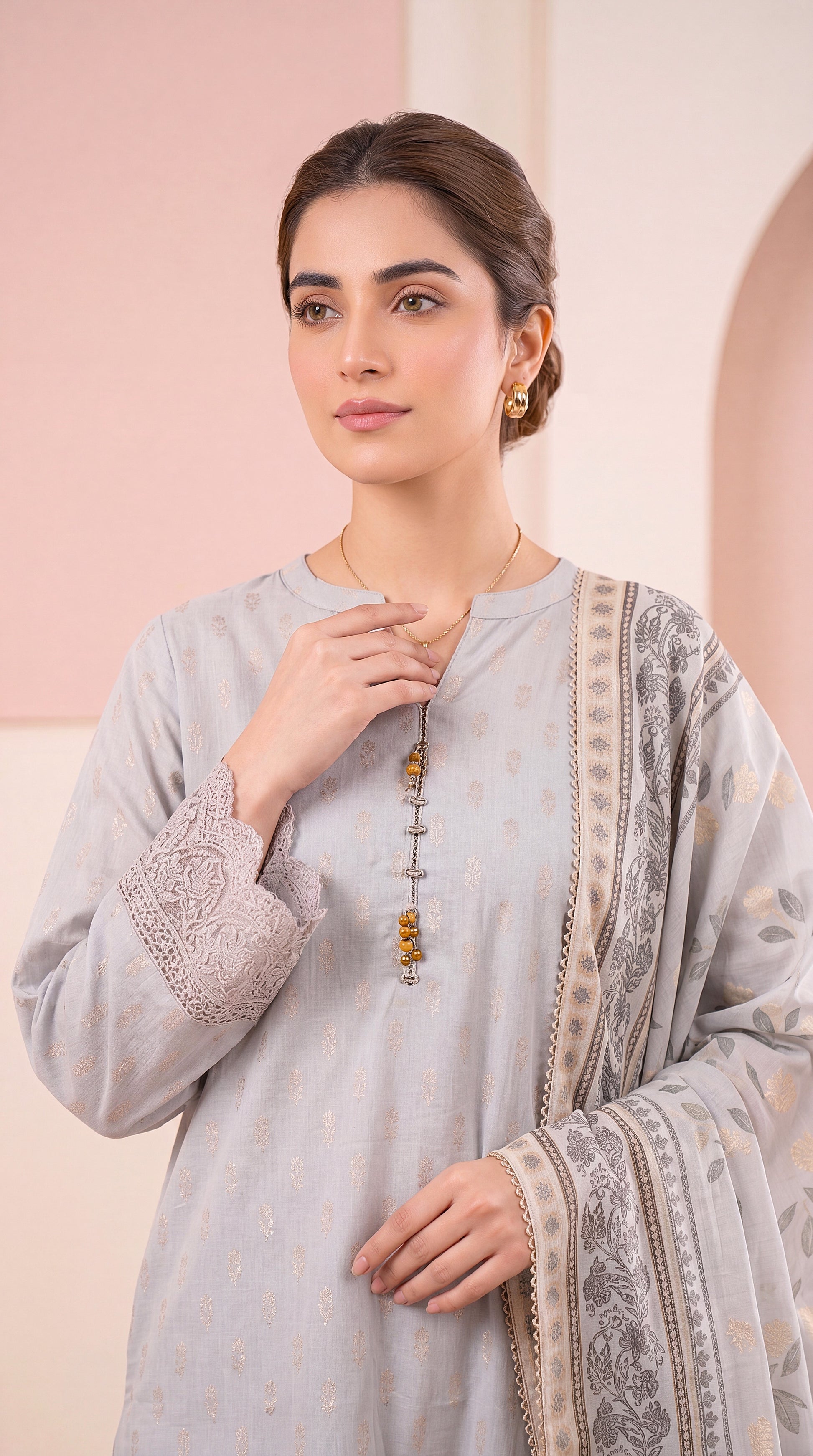 Mustard Gold Premium Texture & Aari Emb 2 Piece Women Suit - PP00274 GRAY / SML