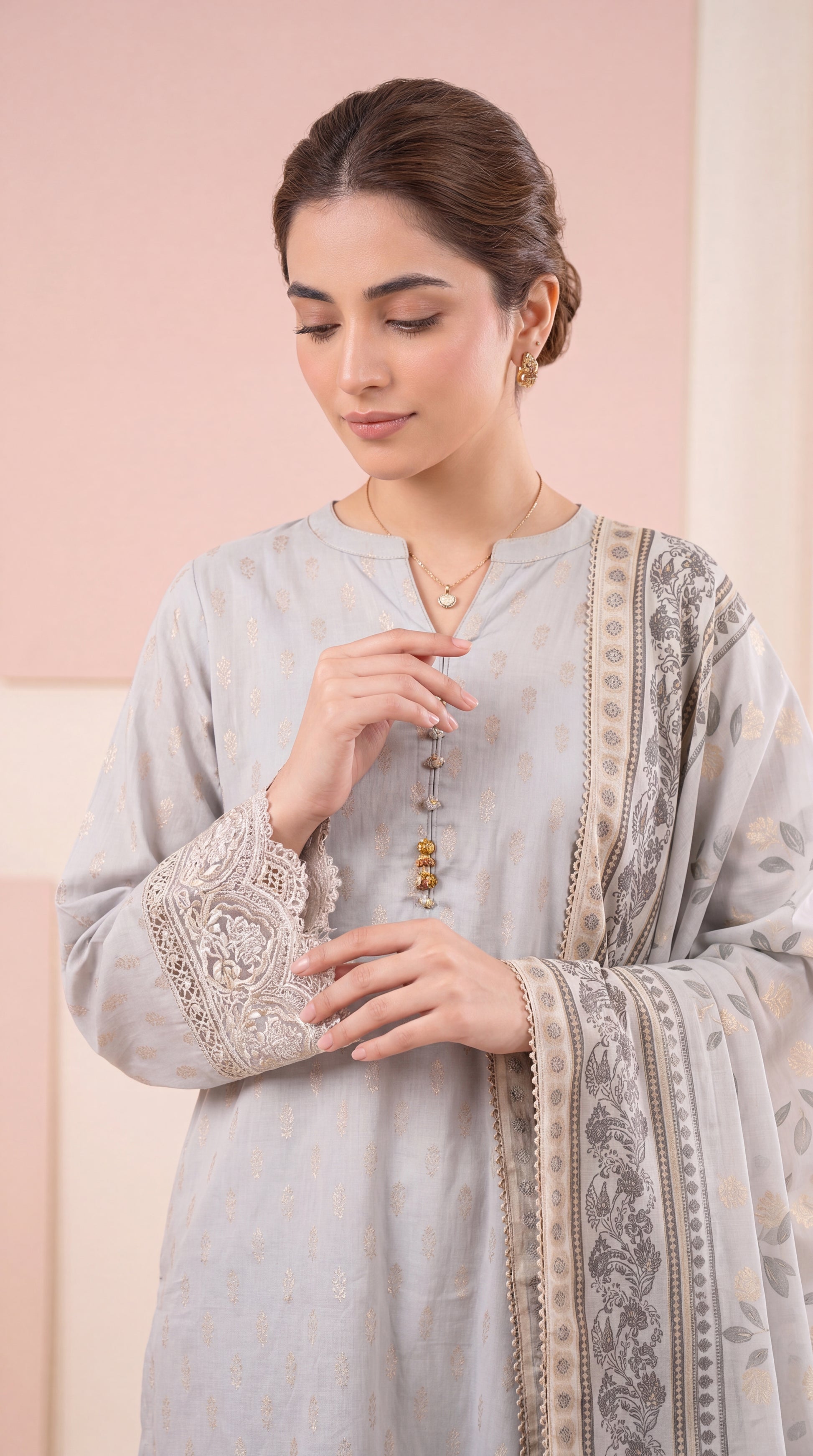 Mustard Gold Premium Texture & Aari Emb 2 Piece Women Suit - PP00274 GRAY / SML