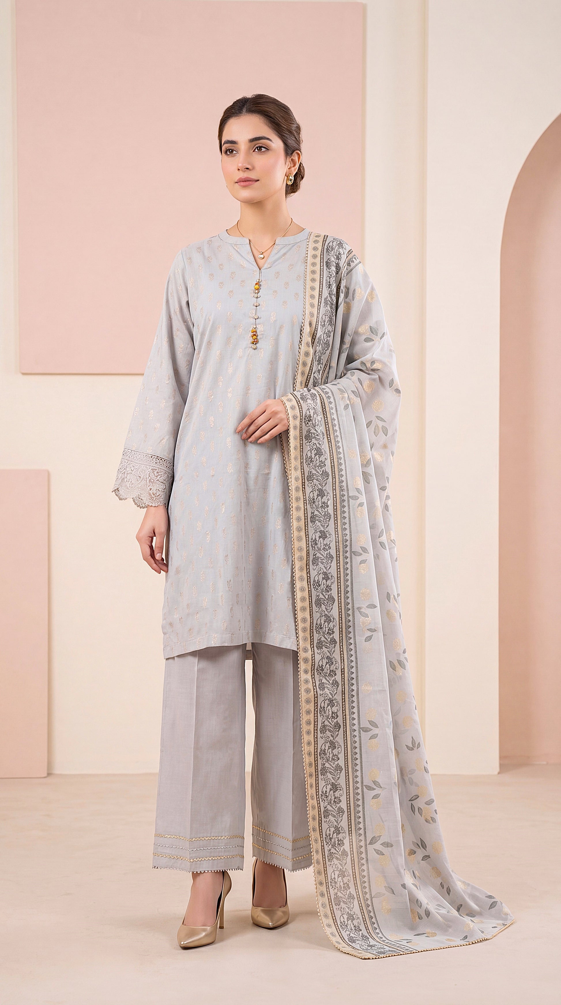 Mustard Gold Premium Texture & Aari Emb 2 Piece Women Suit - PP00274 GRAY / SML