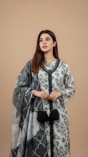 Ladies Suit PP00278 – Grey Floral Printed 3 Piece Satton