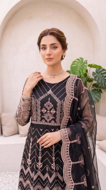 Women's Embroidered Suit PP00279 Magenta Floral Dupatta 3 Piece BLACK / SML