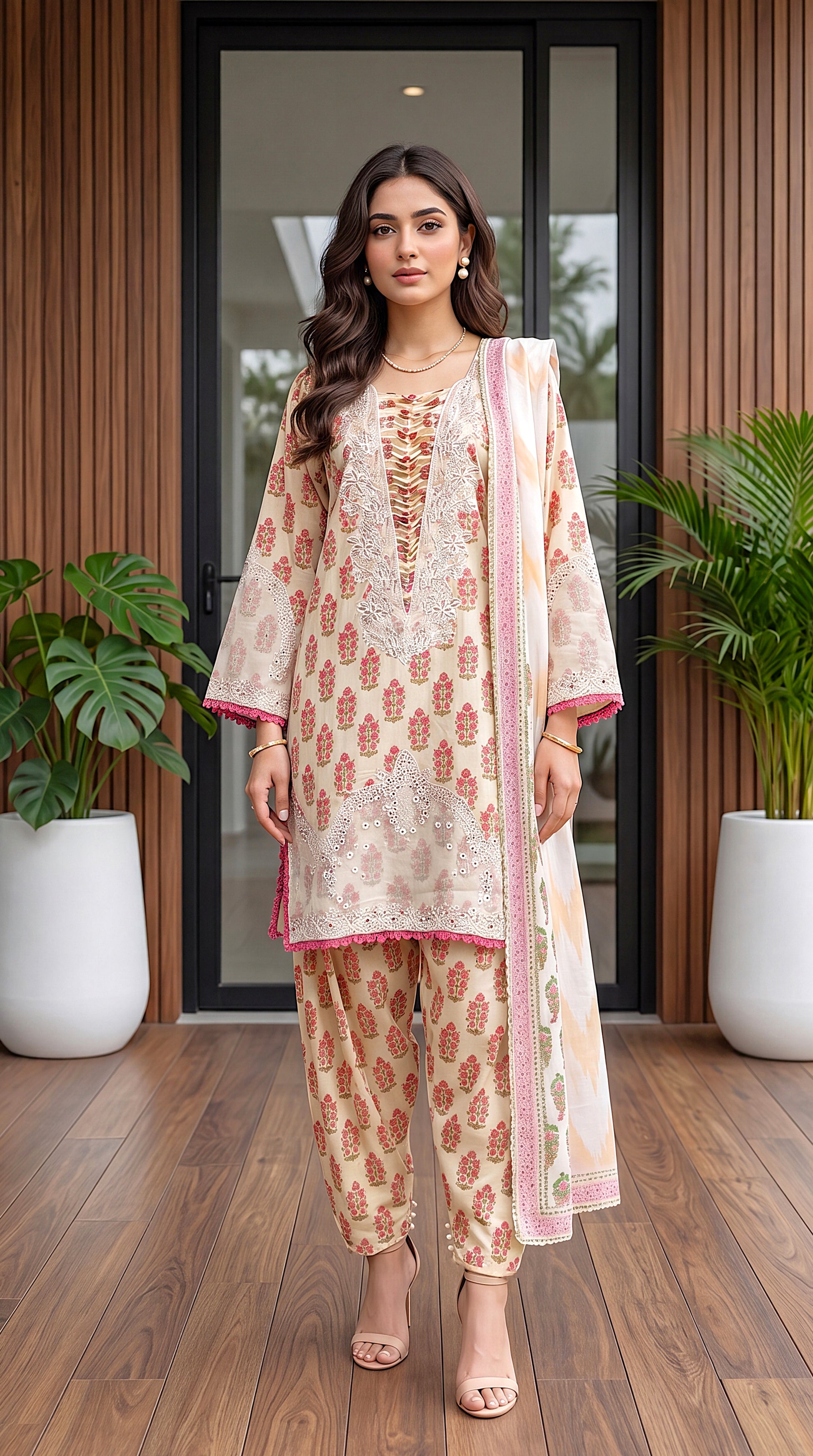 Soft Peach Statement Emb & RTW Style 3 Piece Women Suit - PP00434 BAGE / SML