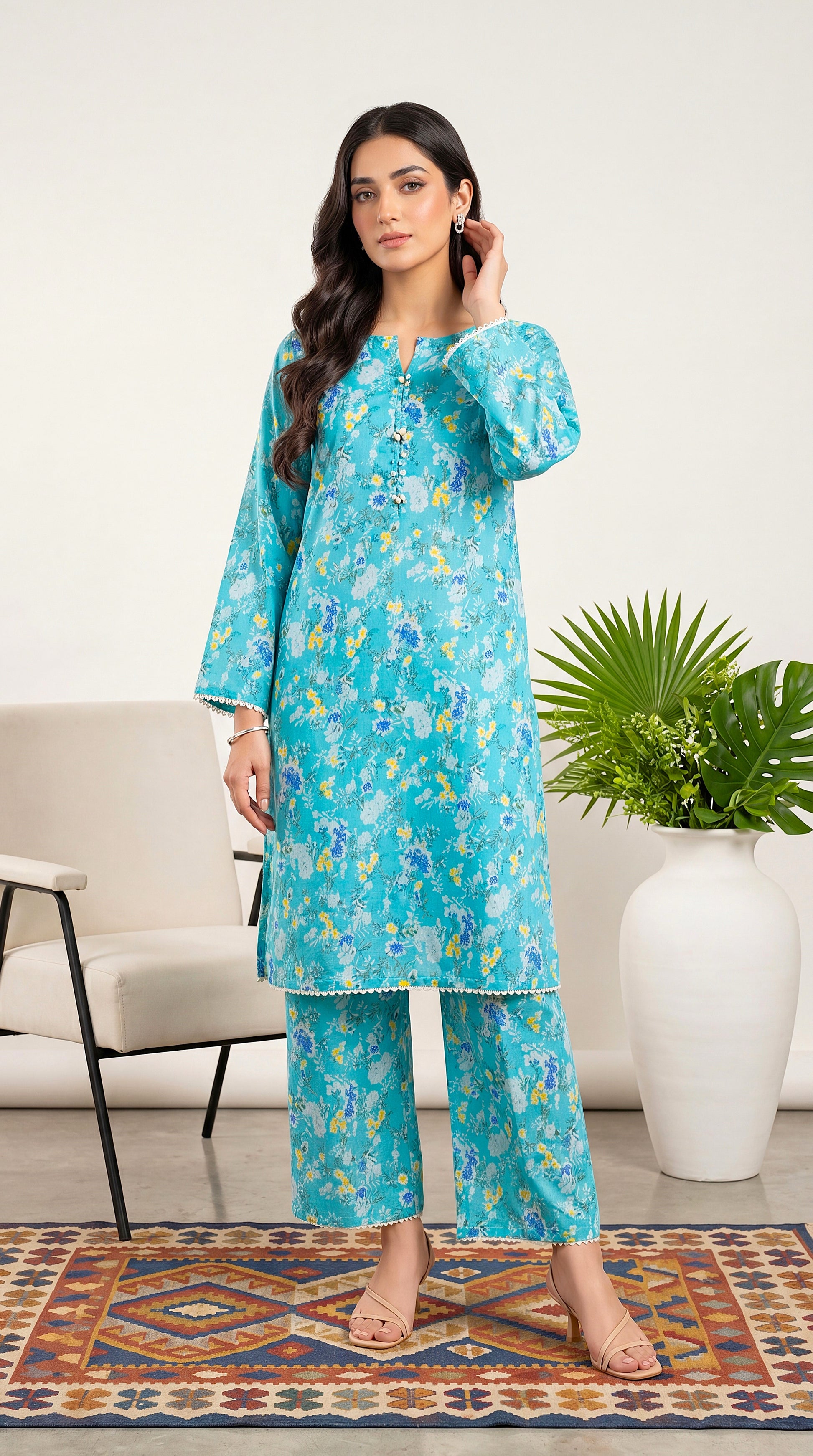 Light Pink Pastel Fashion & Minimal Elegant Motifs 2 Piece Women Suit - PP00458 SKY BLUE / SML