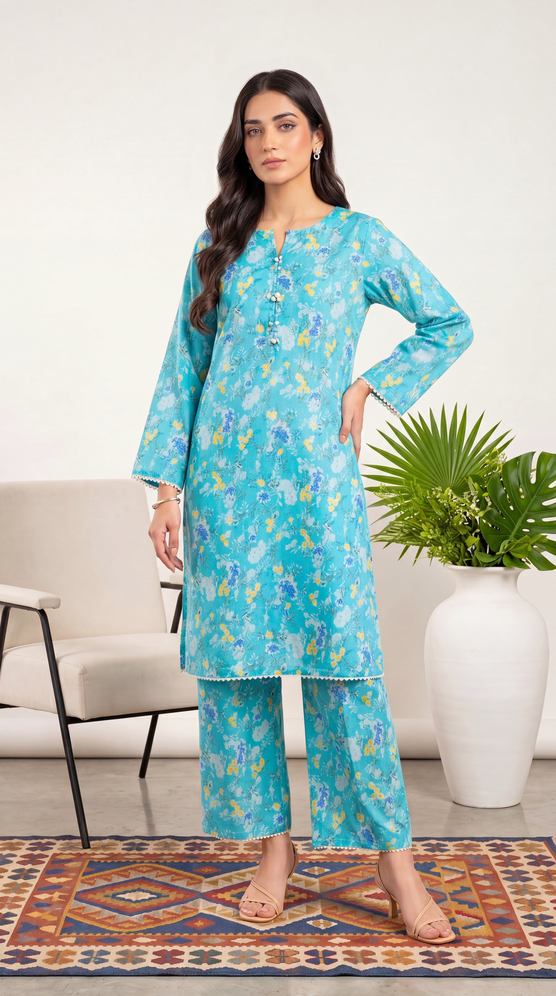 Light Pink Pastel Fashion & Minimal Elegant Motifs 2 Piece Women Suit - PP00458 SKY BLUE / SML