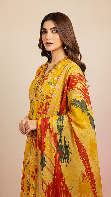 Ladies Suit PP00521 – Yellow Floral Design 3 Piece Lawn