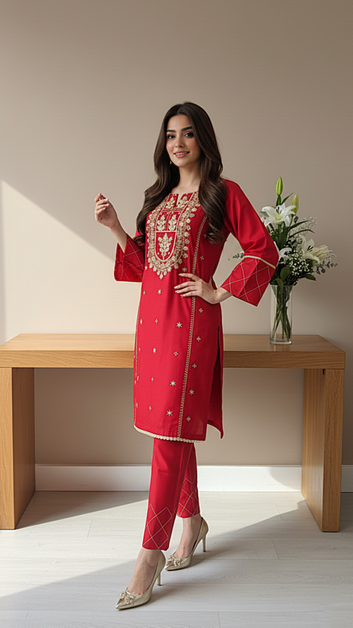 Ladies Suit PP00529 – Red Embroidered  2 Piece Cotton