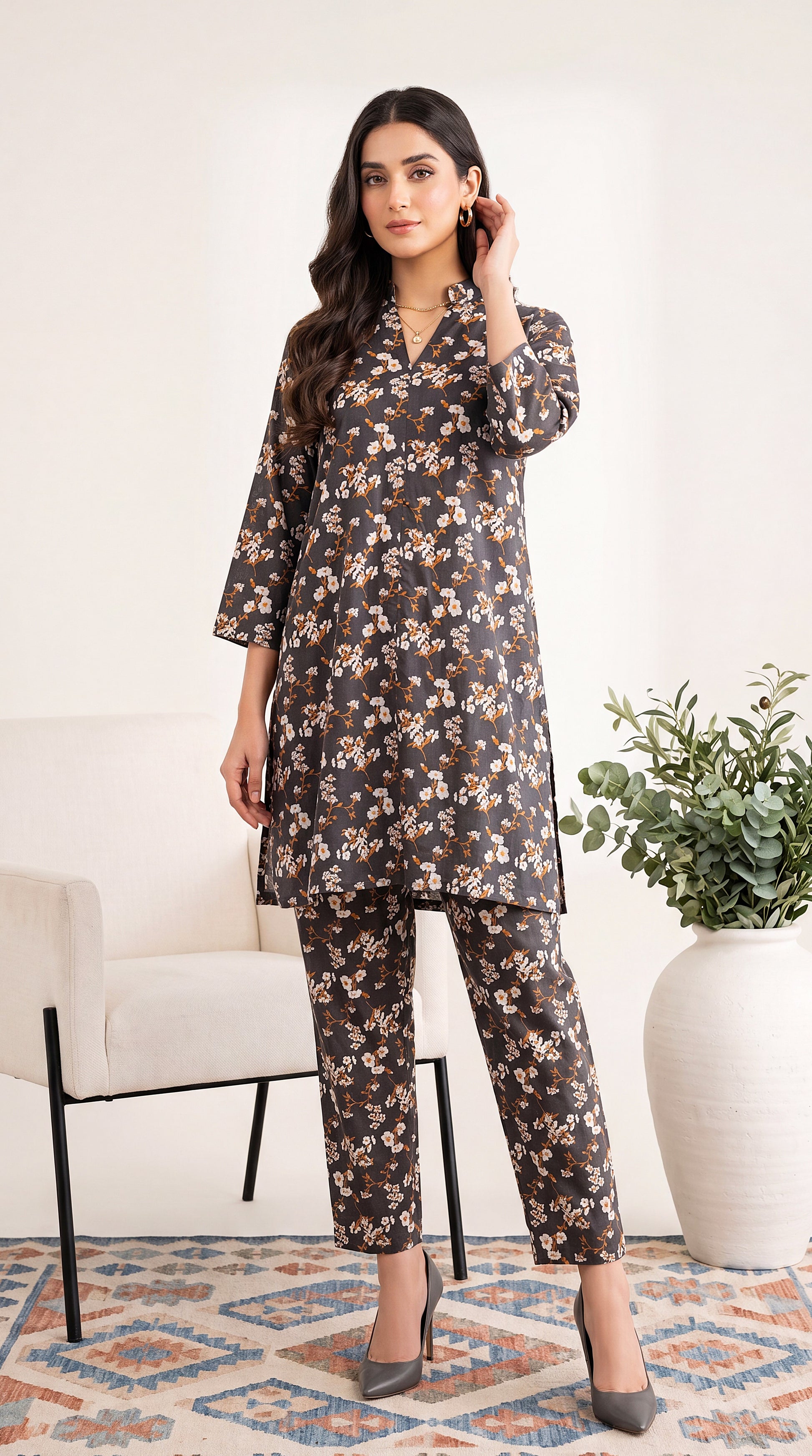 Charcoal Coral Premium Threadwork & Comfortable Stitching 3 Piece Women Suit - PP00532 BLACK / MED