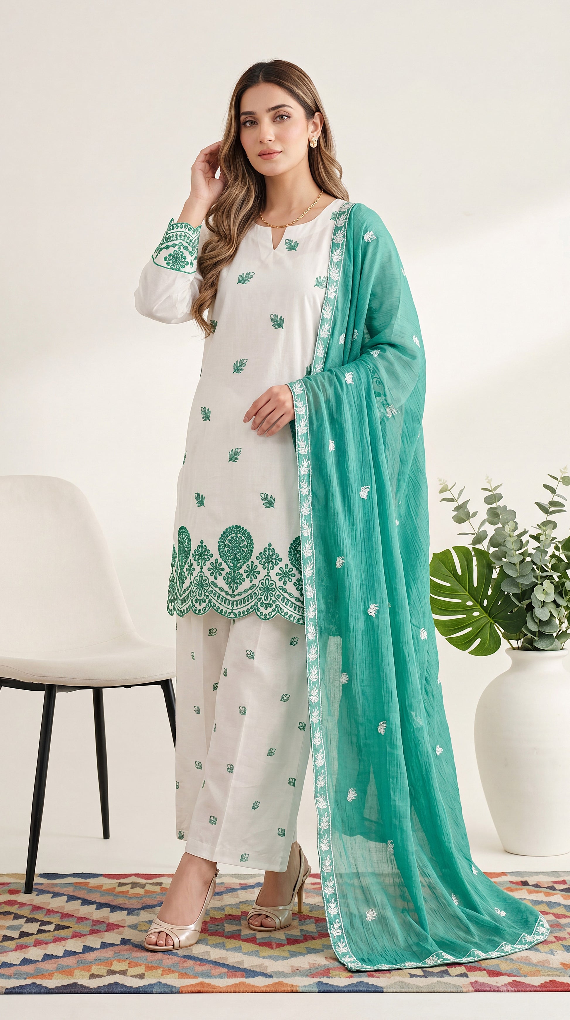 Ivory Lace Floral Jaal & Pastel Fashion 3 Piece Women Suit - PP00597 WHITE / SML