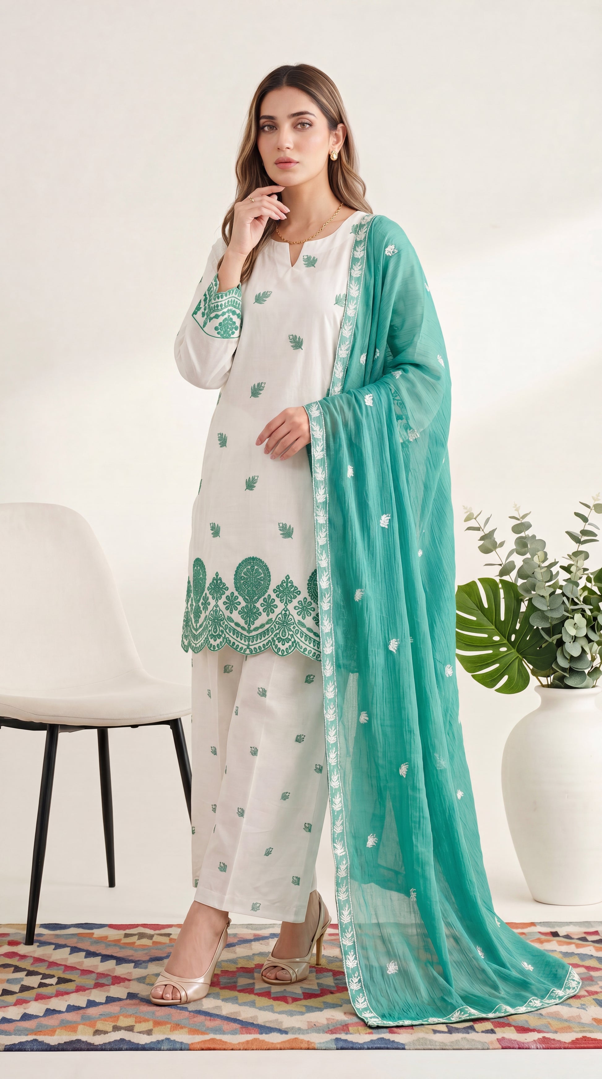 Ivory Lace Floral Jaal & Pastel Fashion 3 Piece Women Suit - PP00597 WHITE / SML