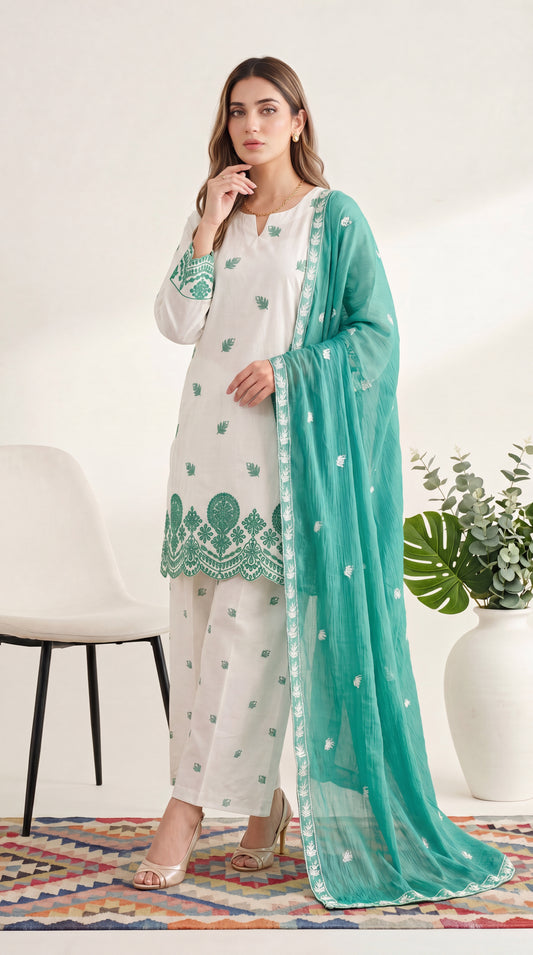 Ivory Lace Floral Jaal & Pastel Fashion 3 Piece Women Suit - PP00597 WHITE / SML