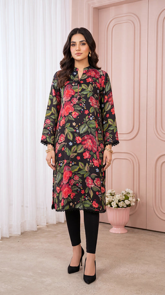 Women's Black Floral Kurta PP00696 | Digital Rose Print & Lace Edges | 1 Piece | Soft Lawn BLACK / SML