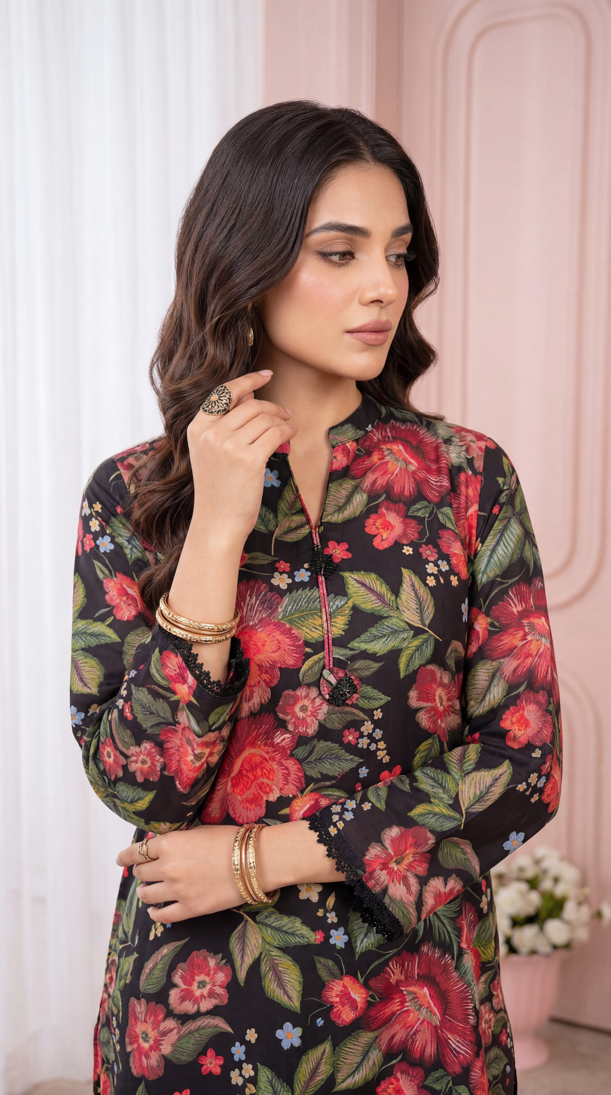 Women's Black Floral Kurta PP00696 | Digital Rose Print & Lace Edges | 1 Piece | Soft Lawn BLACK / SML