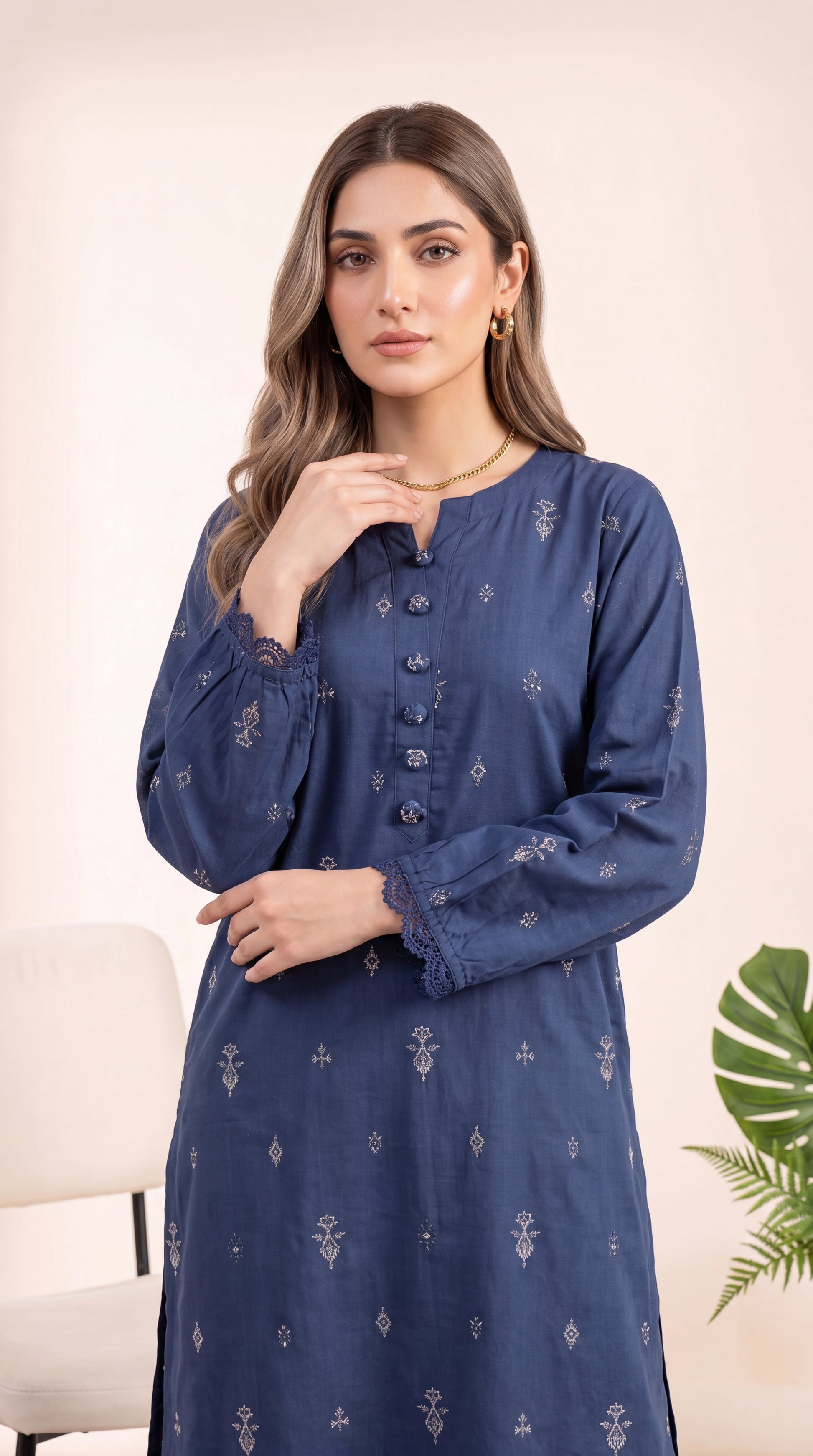 White Mint Emb Panel & Premium Threadwork 3 Piece Women Suit - PP00714 BLUE / SML