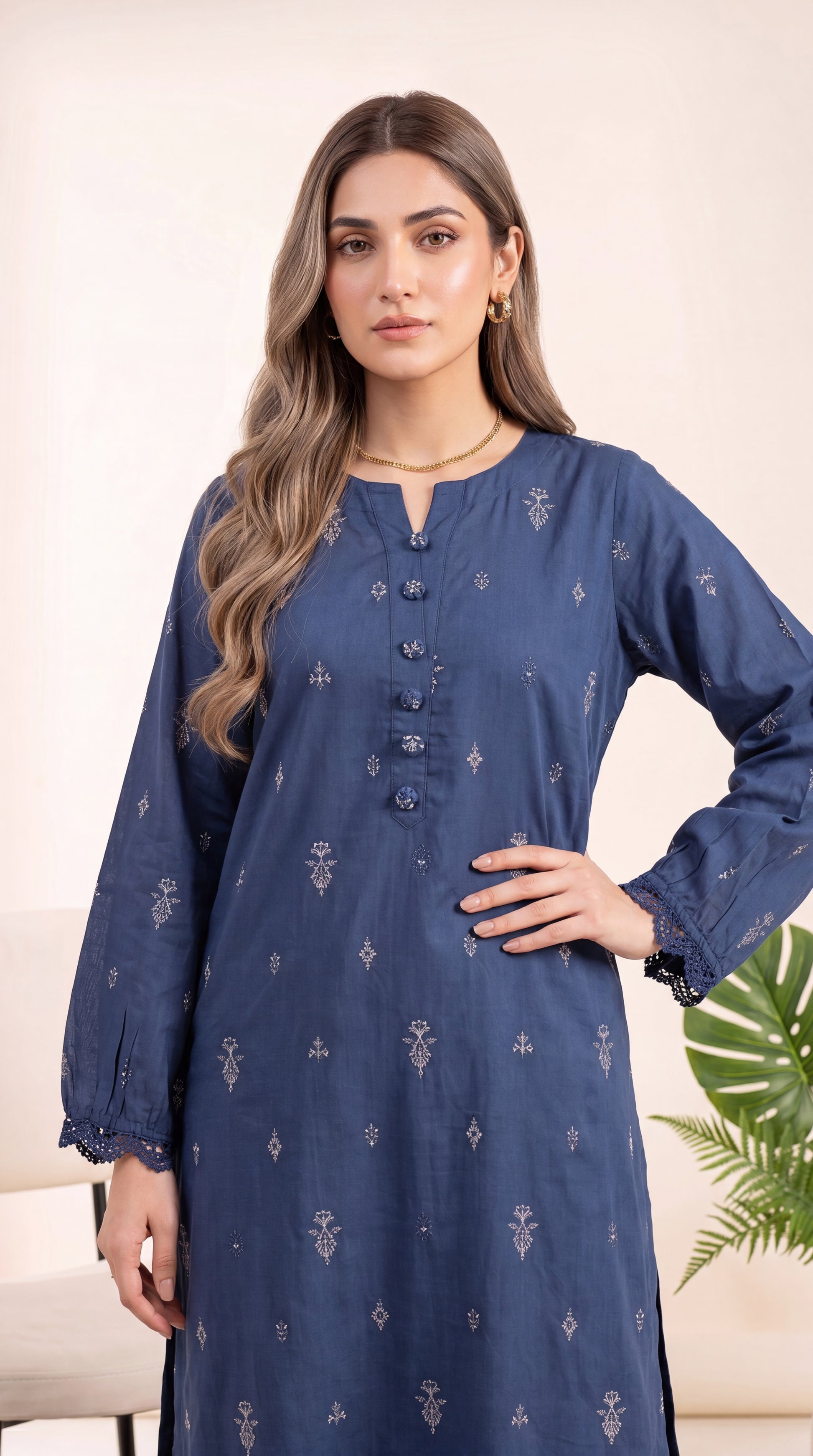 White Mint Emb Panel & Premium Threadwork 3 Piece Women Suit - PP00714 BLUE / SML