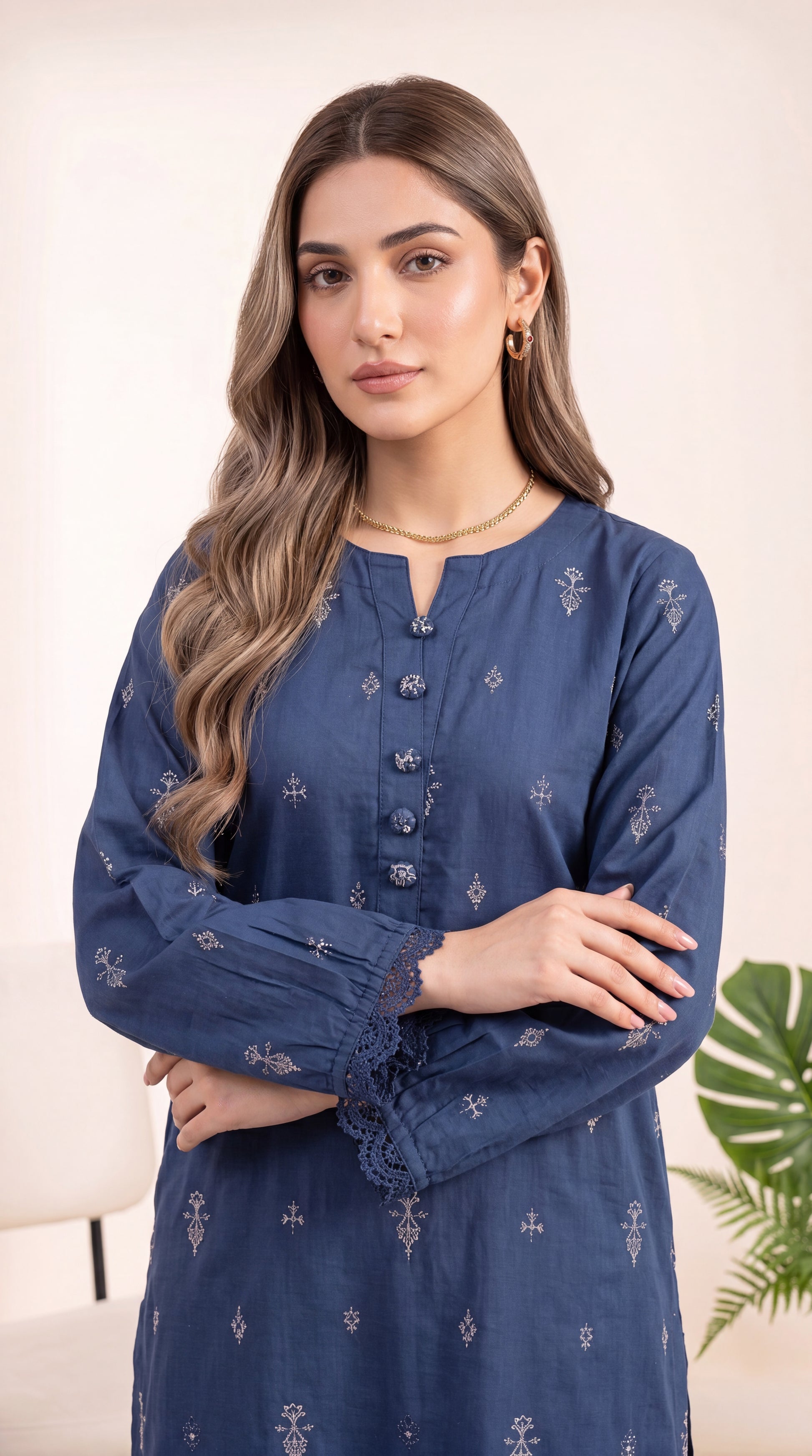 White Mint Emb Panel & Premium Threadwork 3 Piece Women Suit - PP00714 BLUE / SML