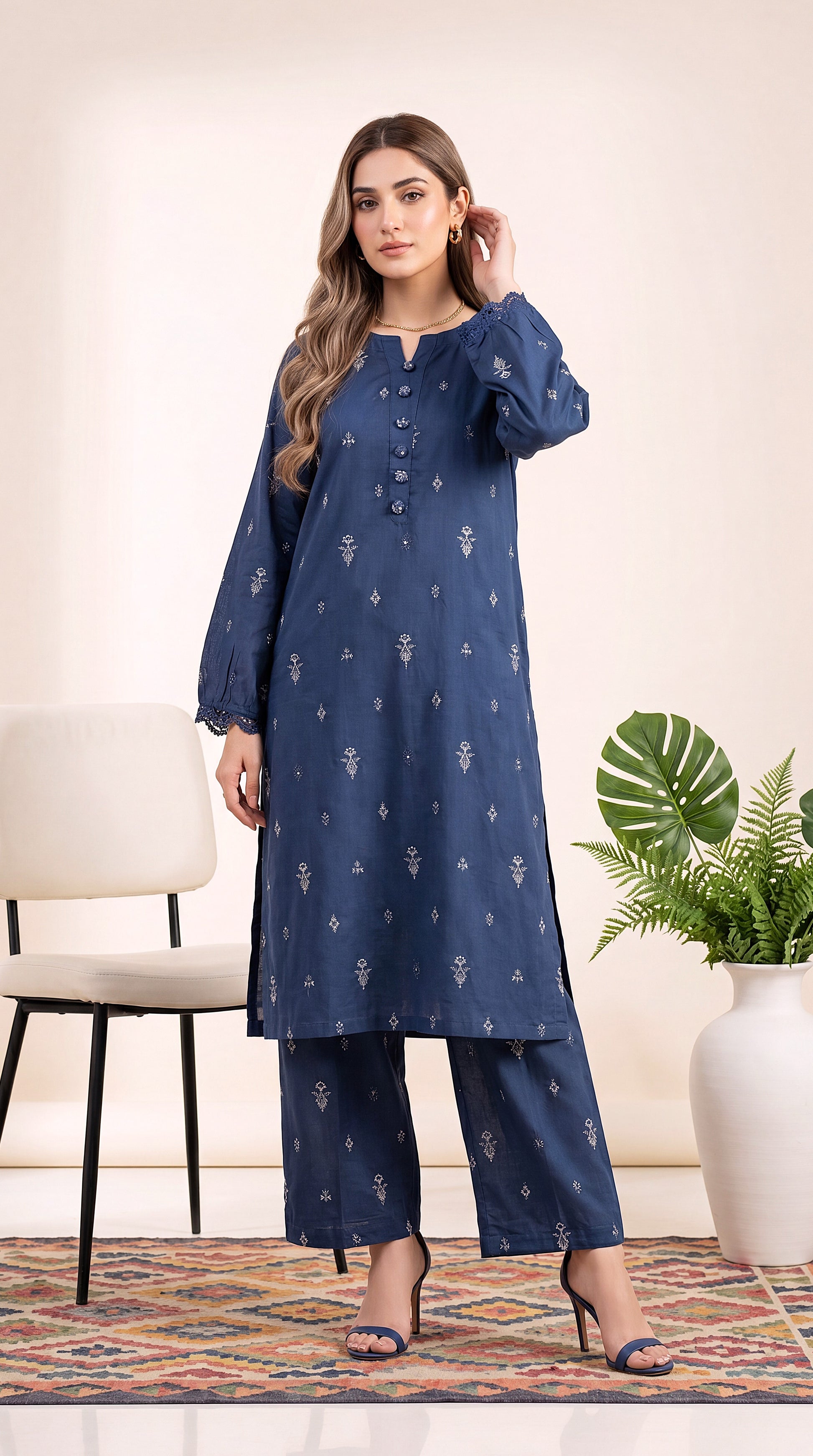White Mint Emb Panel & Premium Threadwork 3 Piece Women Suit - PP00714 BLUE / SML