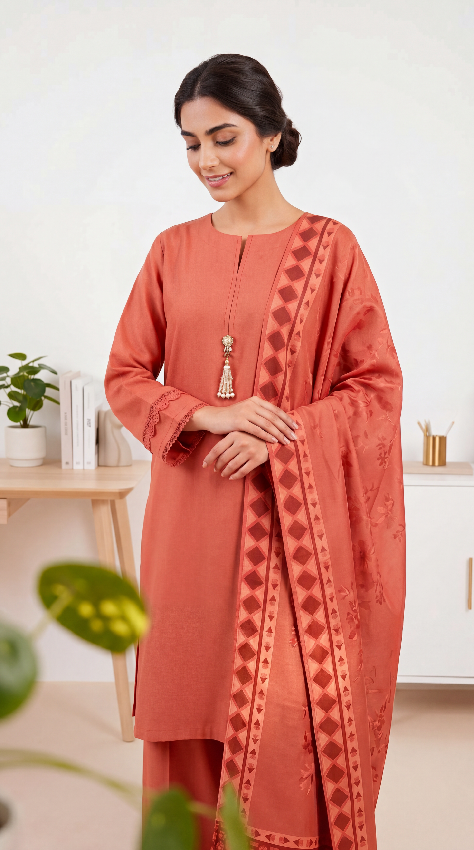 Women's Pret Wear PP00718 White Green Embroidered Dupatta 3 Piece PINK / SML