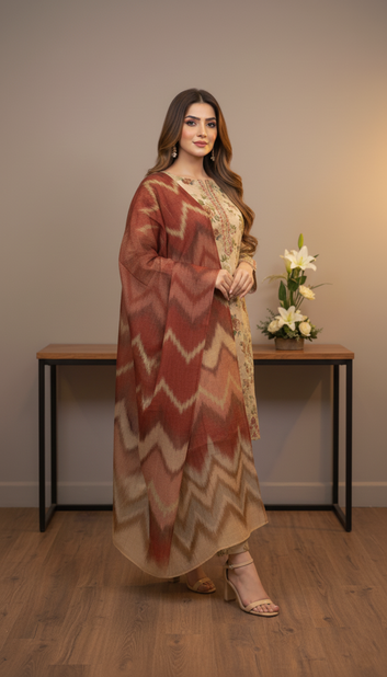 Ladies Suit PP00731 – Beige  Floral Printed  3 Piece Khadder
