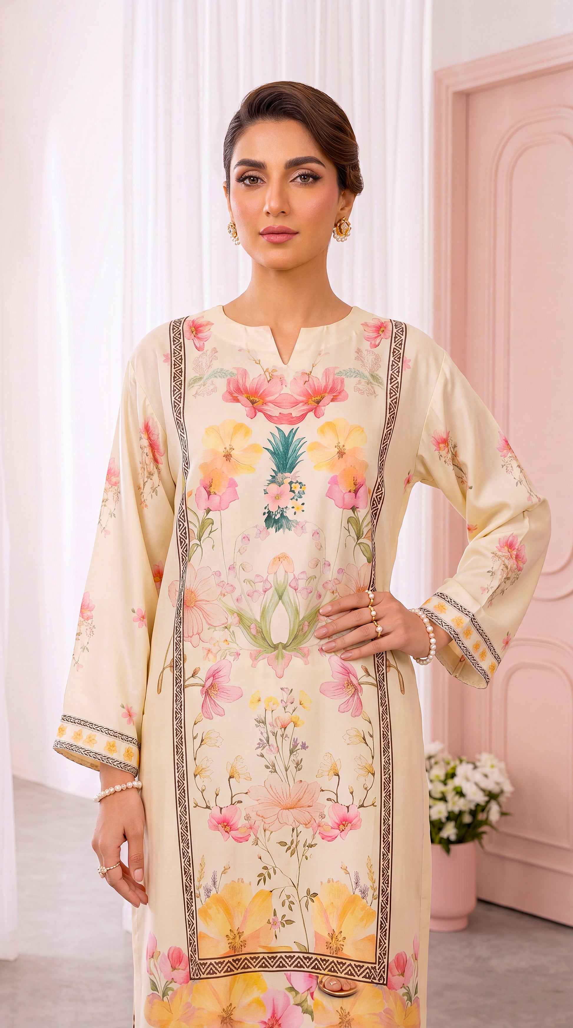 Women's Ivory Floral Kurta Set PP00758 | Pastel Garden Print & Border Panel | 2 Piece | Cambric OFF White / SML