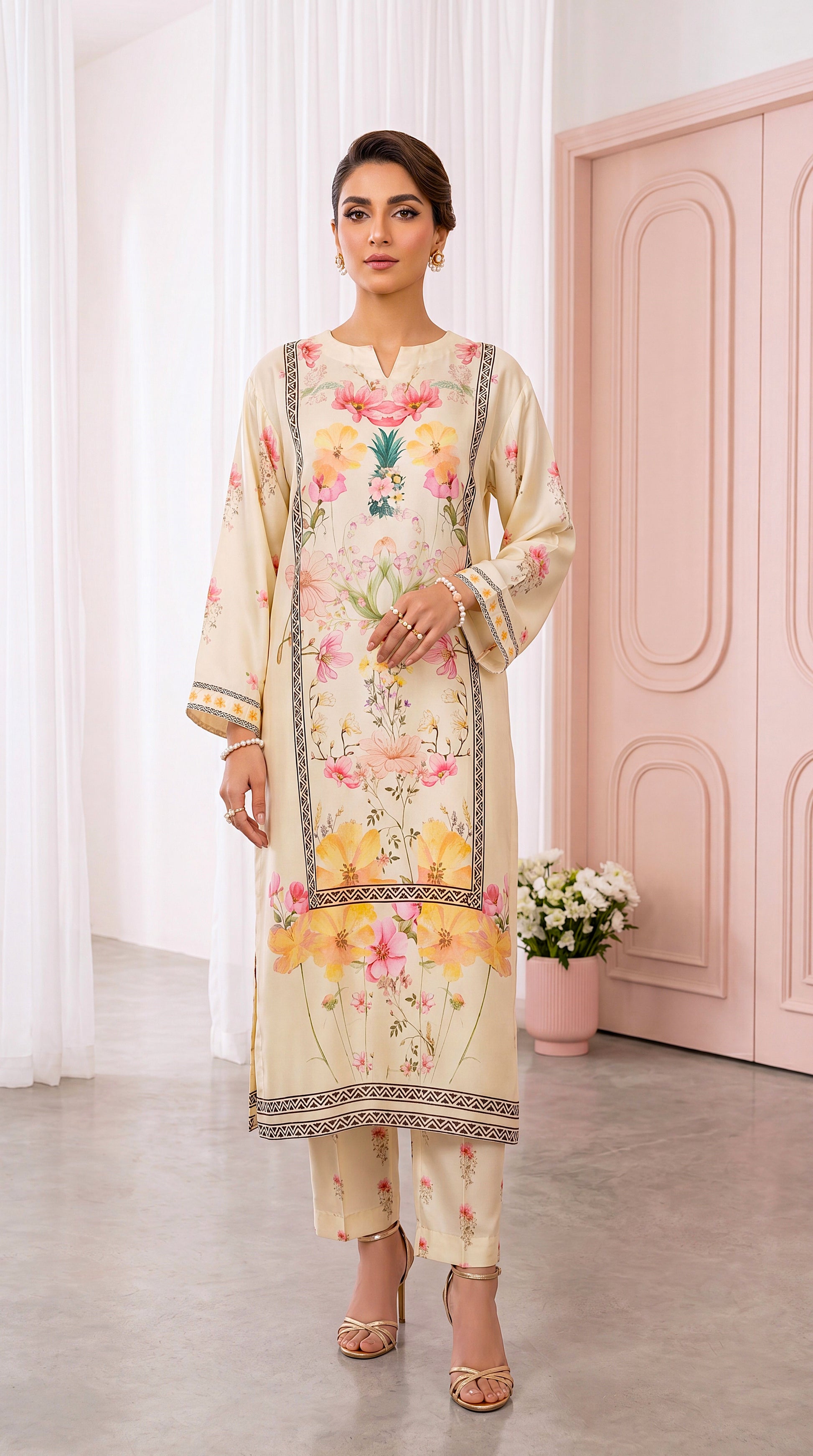 Women's Ivory Floral Kurta Set PP00758 | Pastel Garden Print & Border Panel | 2 Piece | Cambric OFF White / SML