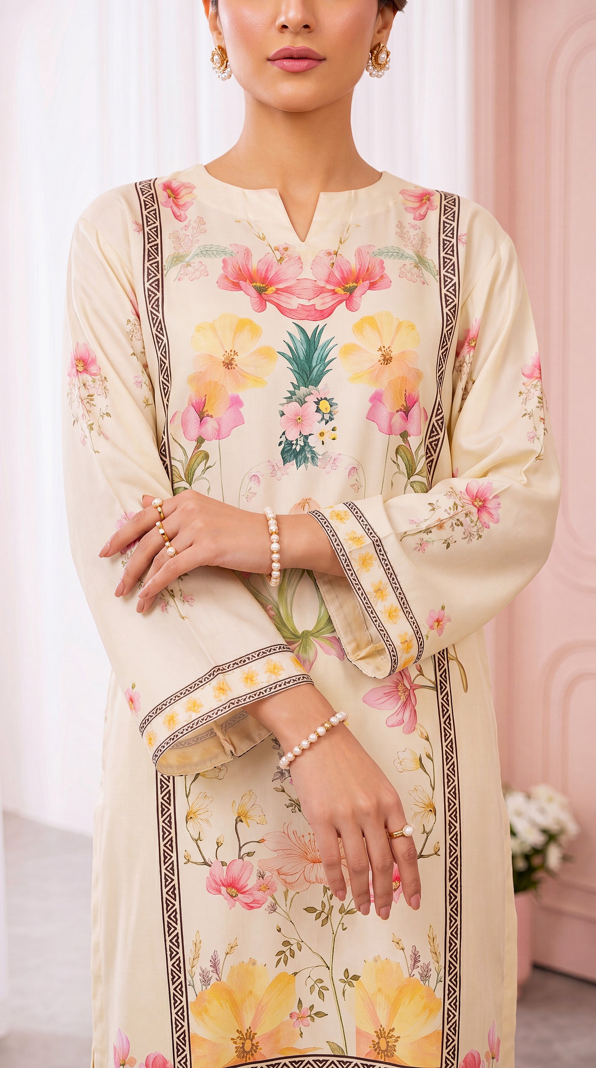 Women's Ivory Floral Kurta Set PP00758 | Pastel Garden Print & Border Panel | 2 Piece | Cambric OFF White / SML