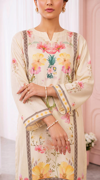 Women's Ivory Floral Kurta Set PP00758 | Pastel Garden Print & Border Panel | 2 Piece | Cambric OFF White / SML