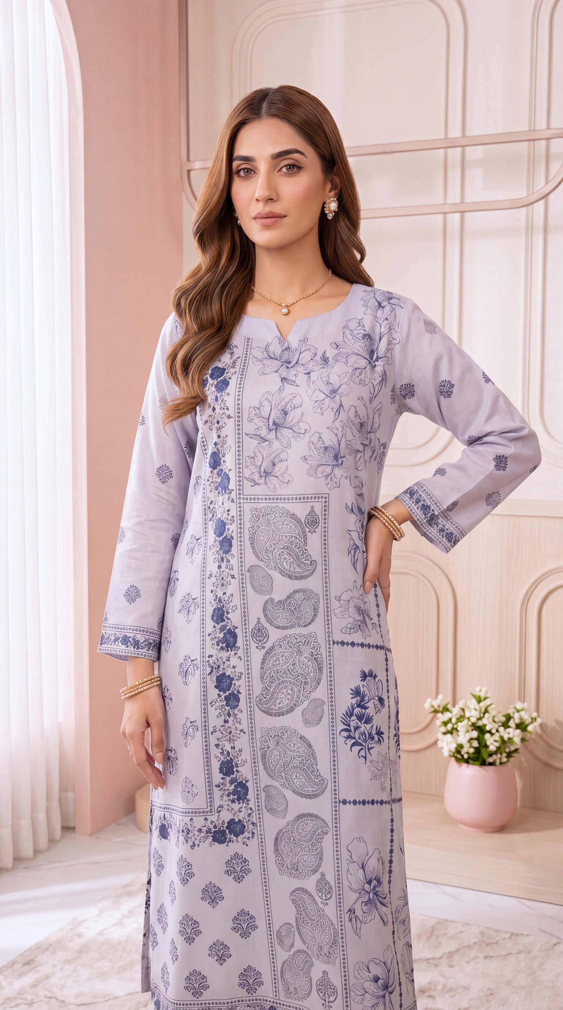 Women's Grey Blue Printed Suit PP00759 | Paisley Floral Panels & Printed Trouser | 2 Piece | Cotton Lawn GRAY / SML