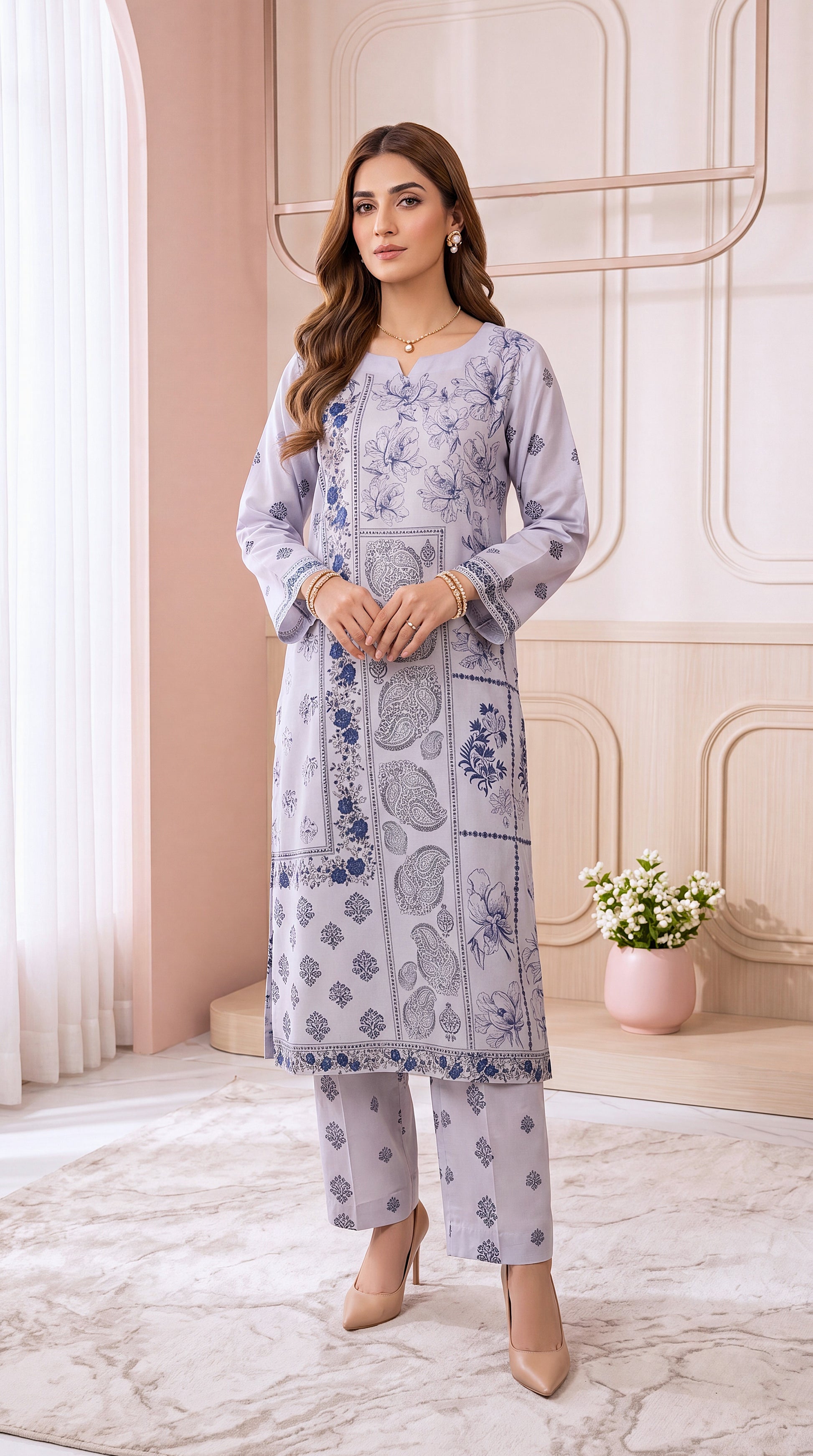 Women's Grey Blue Printed Suit PP00759 | Paisley Floral Panels & Printed Trouser | 2 Piece | Cotton Lawn GRAY / SML