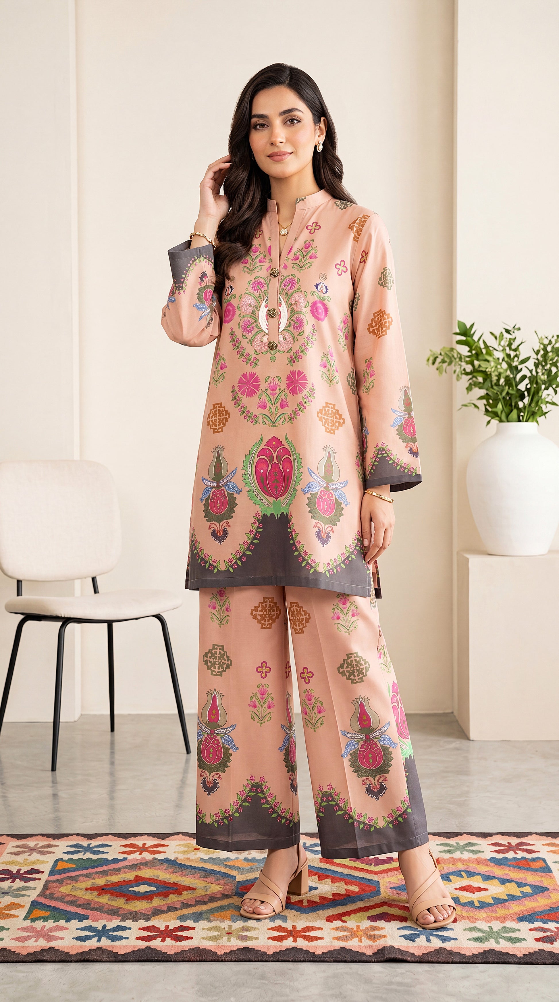 Pastel Beige Printed Lawn & Emb Panel 2 Piece Women Suit - PP00877 PEACH / SML