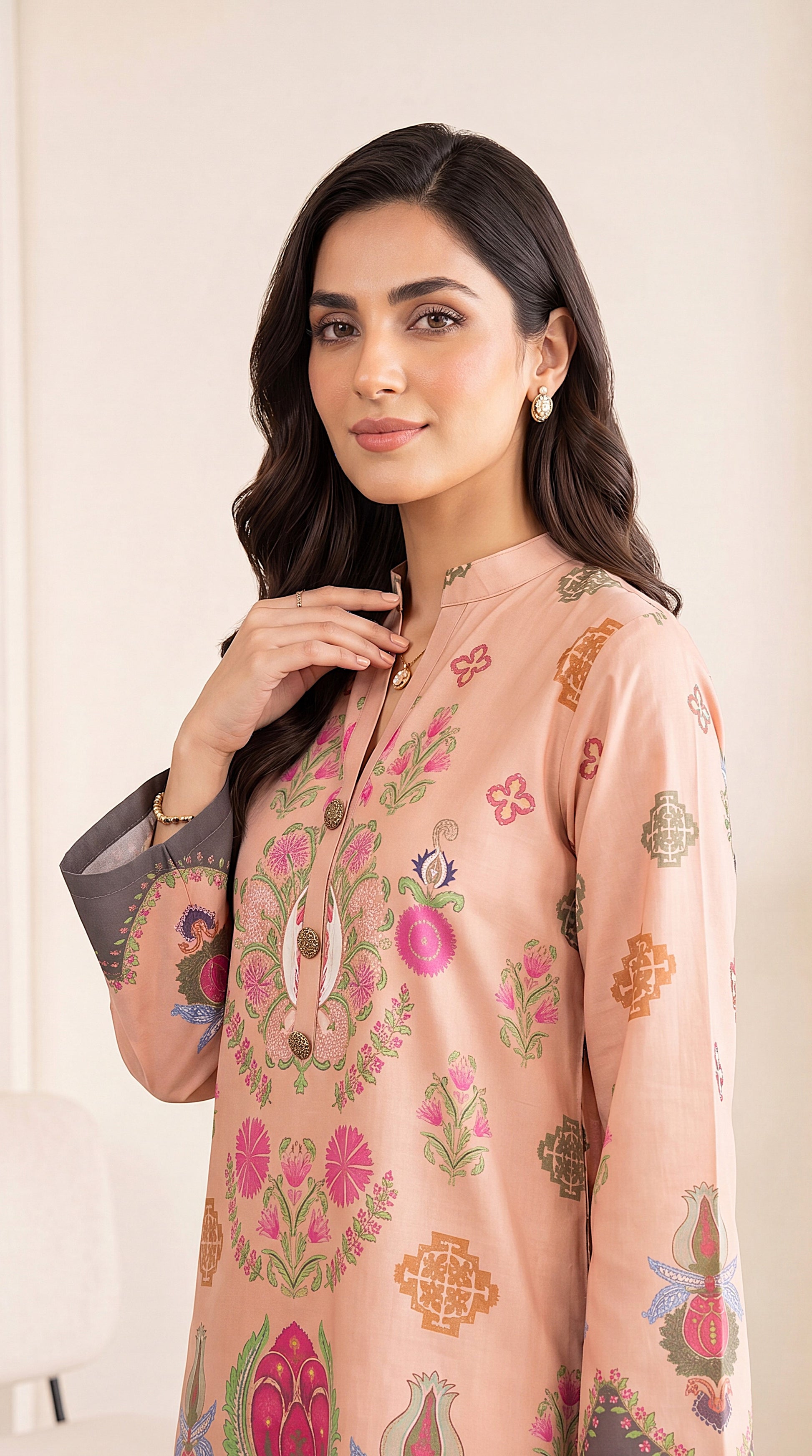 Pastel Beige Printed Lawn & Emb Panel 2 Piece Women Suit - PP00877 PEACH / SML