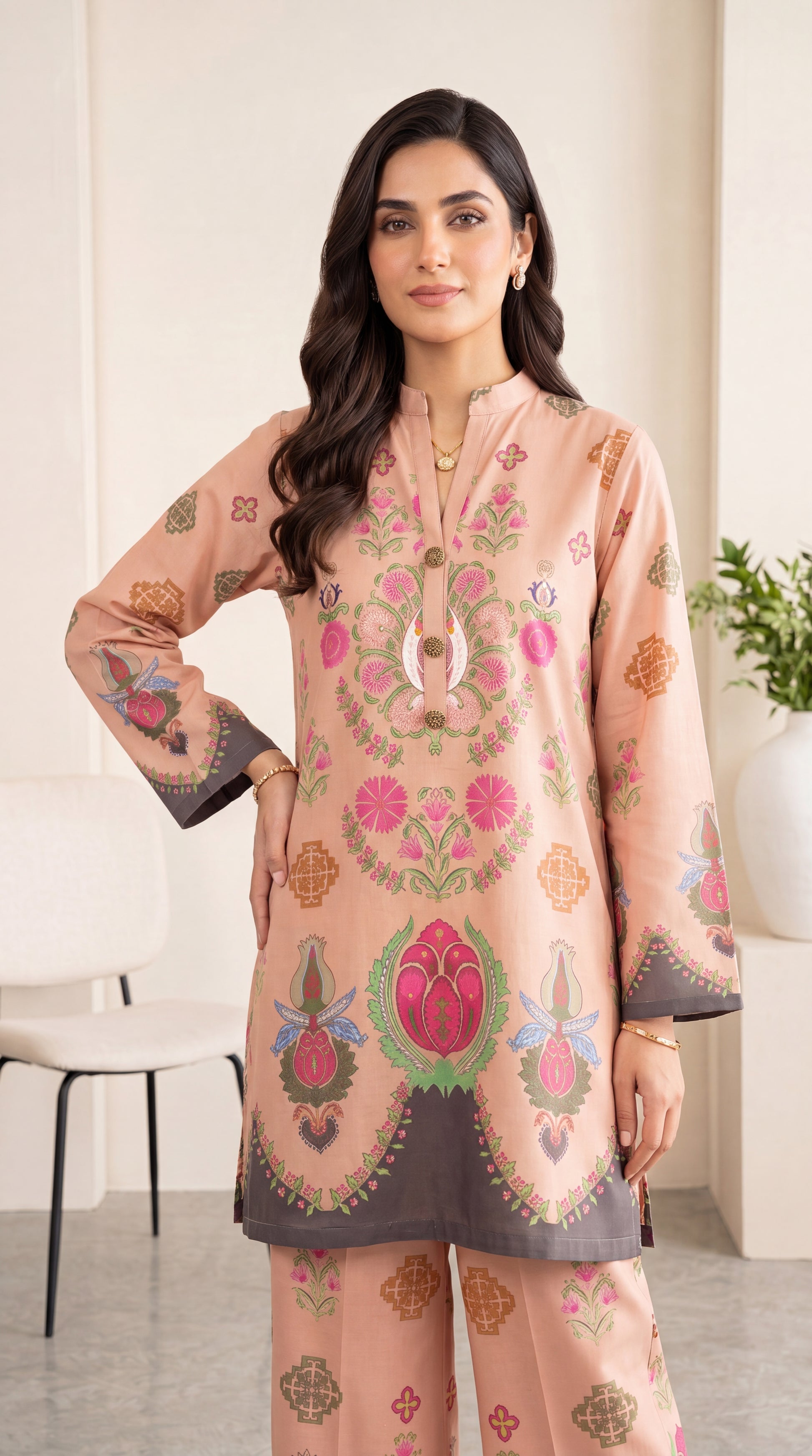 Pastel Beige Printed Lawn & Emb Panel 2 Piece Women Suit - PP00877 PEACH / SML