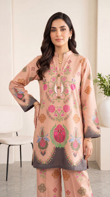 Pastel Beige Printed Lawn & Emb Panel 2 Piece Women Suit - PP00877 PEACH / SML