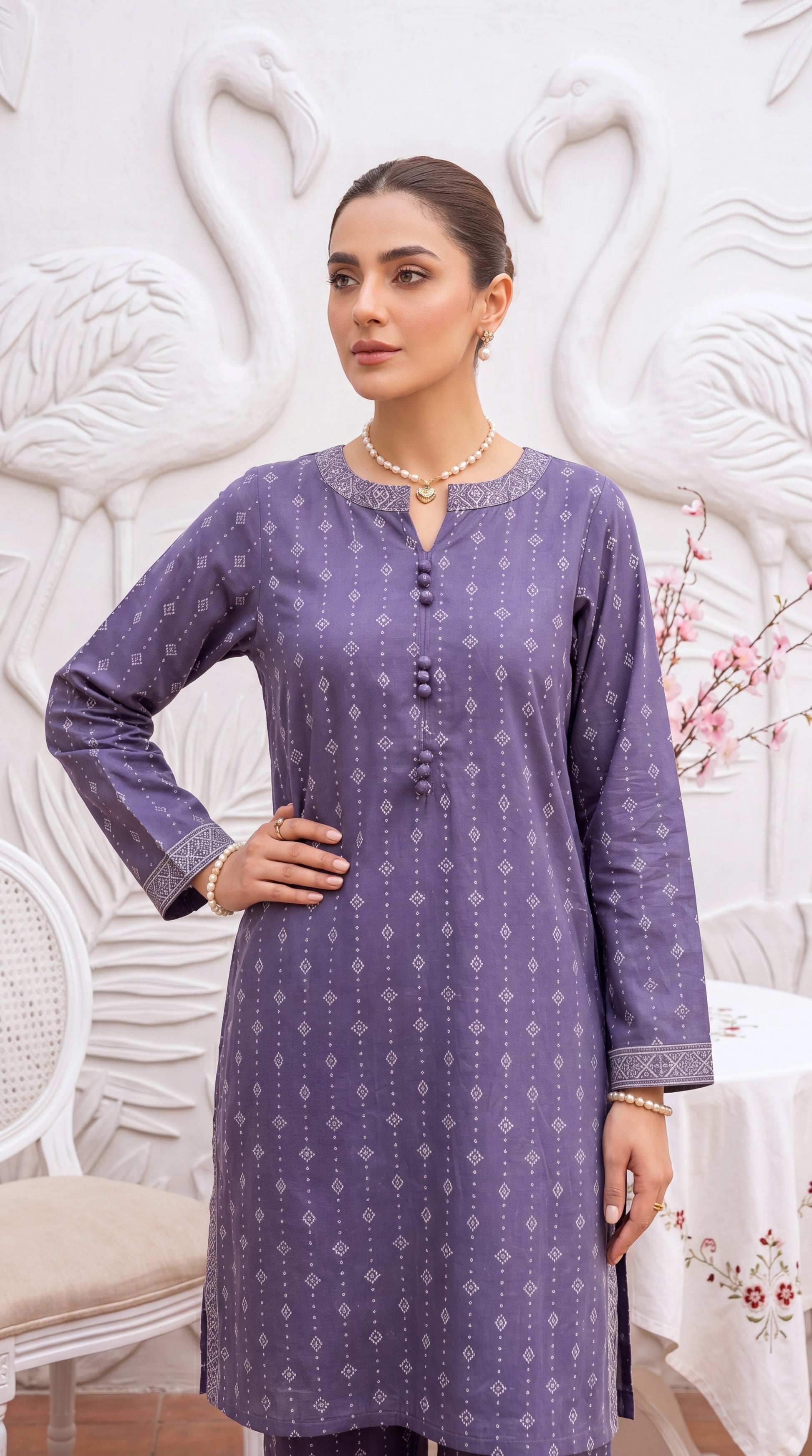 Aqua Print Organza Detail & Cotton Net Dupatta 3 Piece Women Suit - PP01016 PURPLE / SML