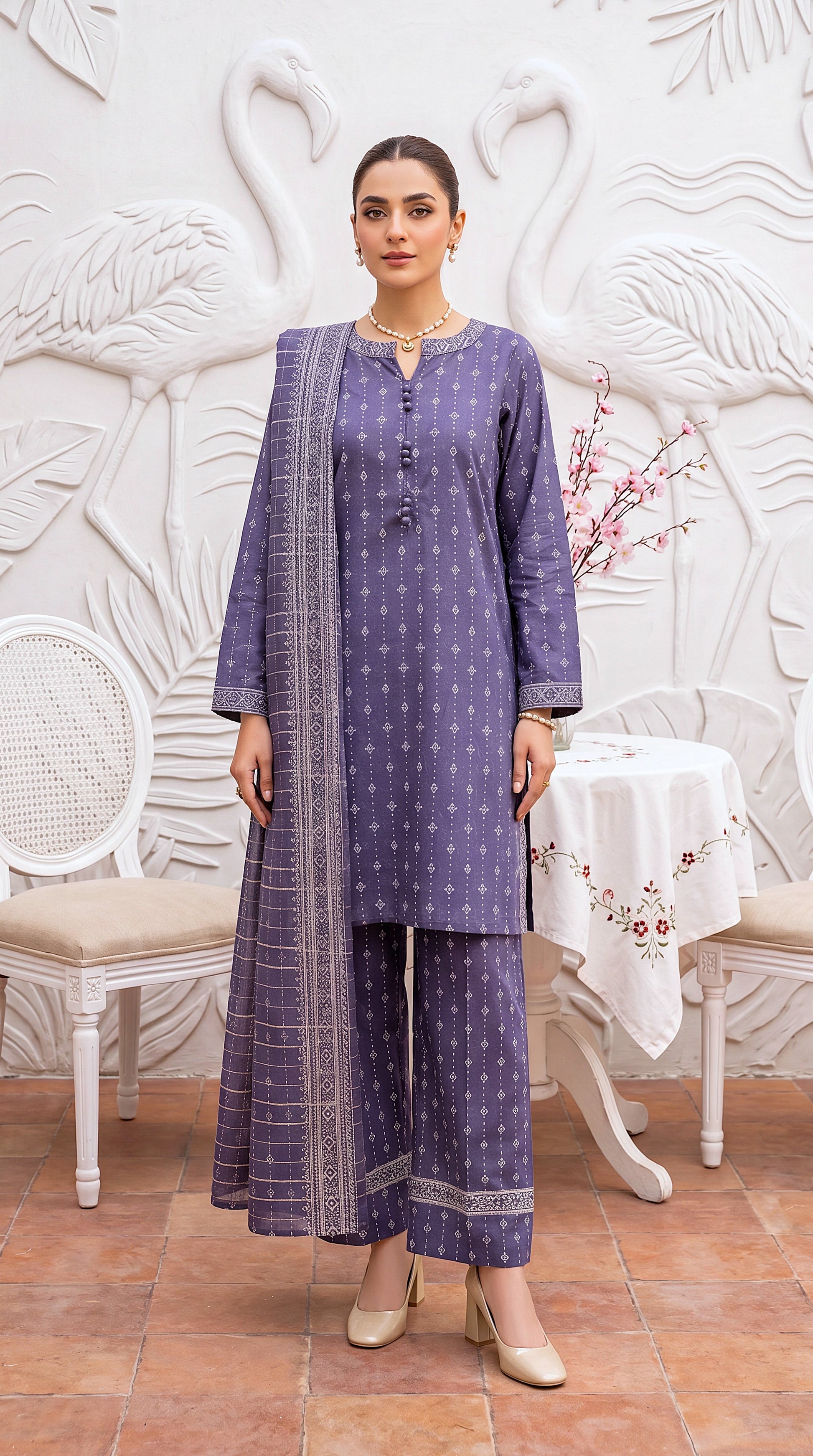 Aqua Print Organza Detail & Cotton Net Dupatta 3 Piece Women Suit - PP01016 PURPLE / SML