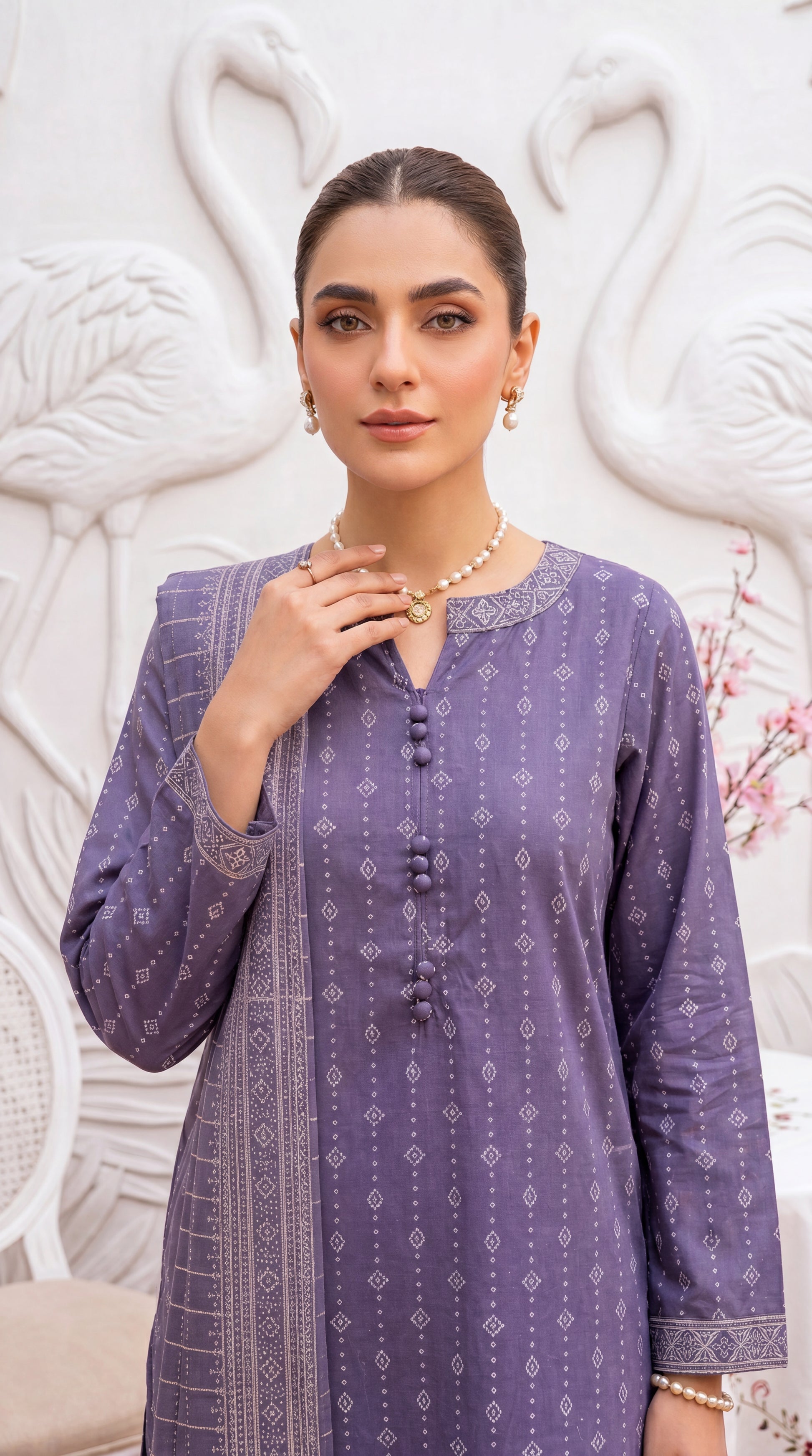 Aqua Print Organza Detail & Cotton Net Dupatta 3 Piece Women Suit - PP01016 PURPLE / SML