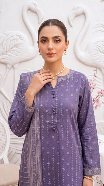 Aqua Print Organza Detail & Cotton Net Dupatta 3 Piece Women Suit - PP01016 PURPLE / SML